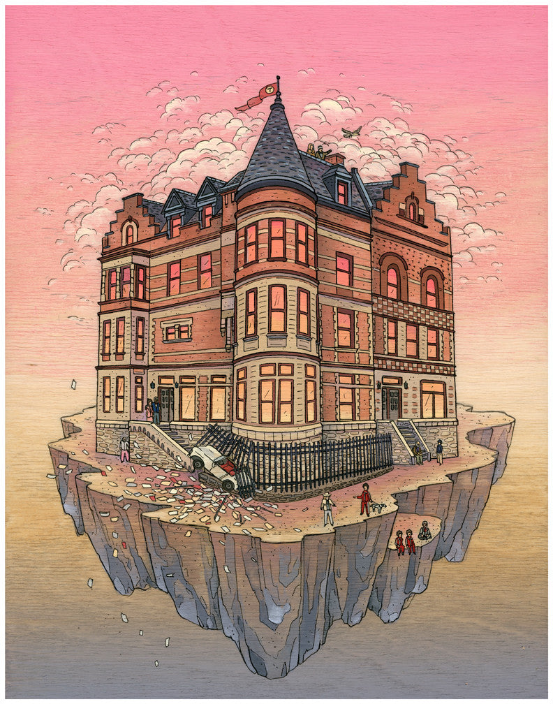 A fine art giclee print by Nicole Gustafsson, Rough Year - limited edition, features a large brick building with a turret on a floating rock island under a pink sky. A car is crashed into the fence, people stand nearby, and some bricks are falling off the island.
