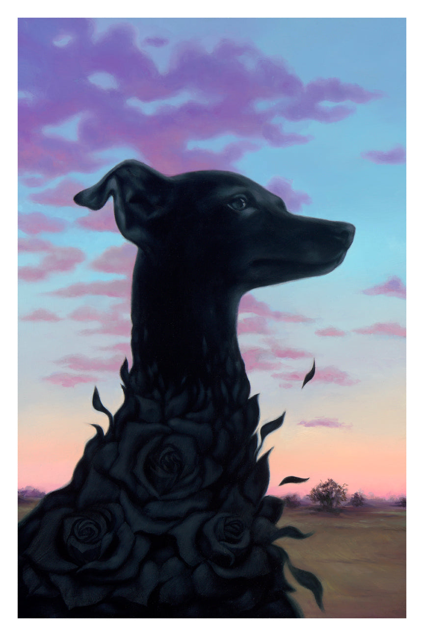 The Bitter Blooms set by Syd Bee features a surreal black dog with roses merging into its body against a colorful sunset sky. This limited edition is available as signed and numbered archival pigment prints, capturing its ethereal beauty for collectors.