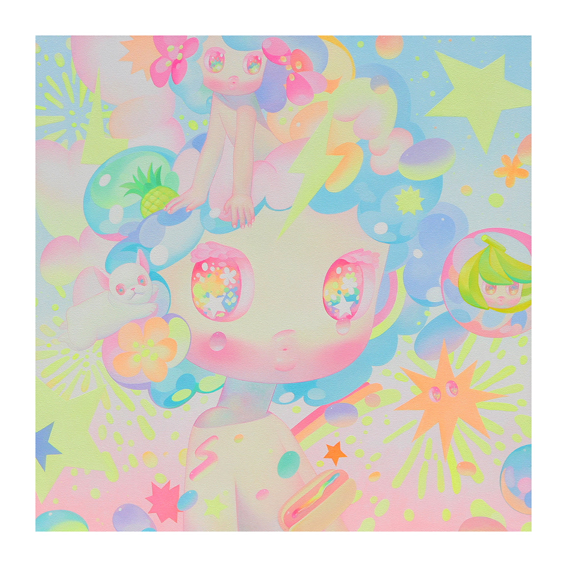 The whimsical Shine Through Tears by So Youn Lee features a pastel-colored cartoon character with cotton candy-like hair, adorned with a pineapple and banana, against a backdrop of stars, bubbles, and playful colors. This archival pigment print is signed and numbered for authenticity.