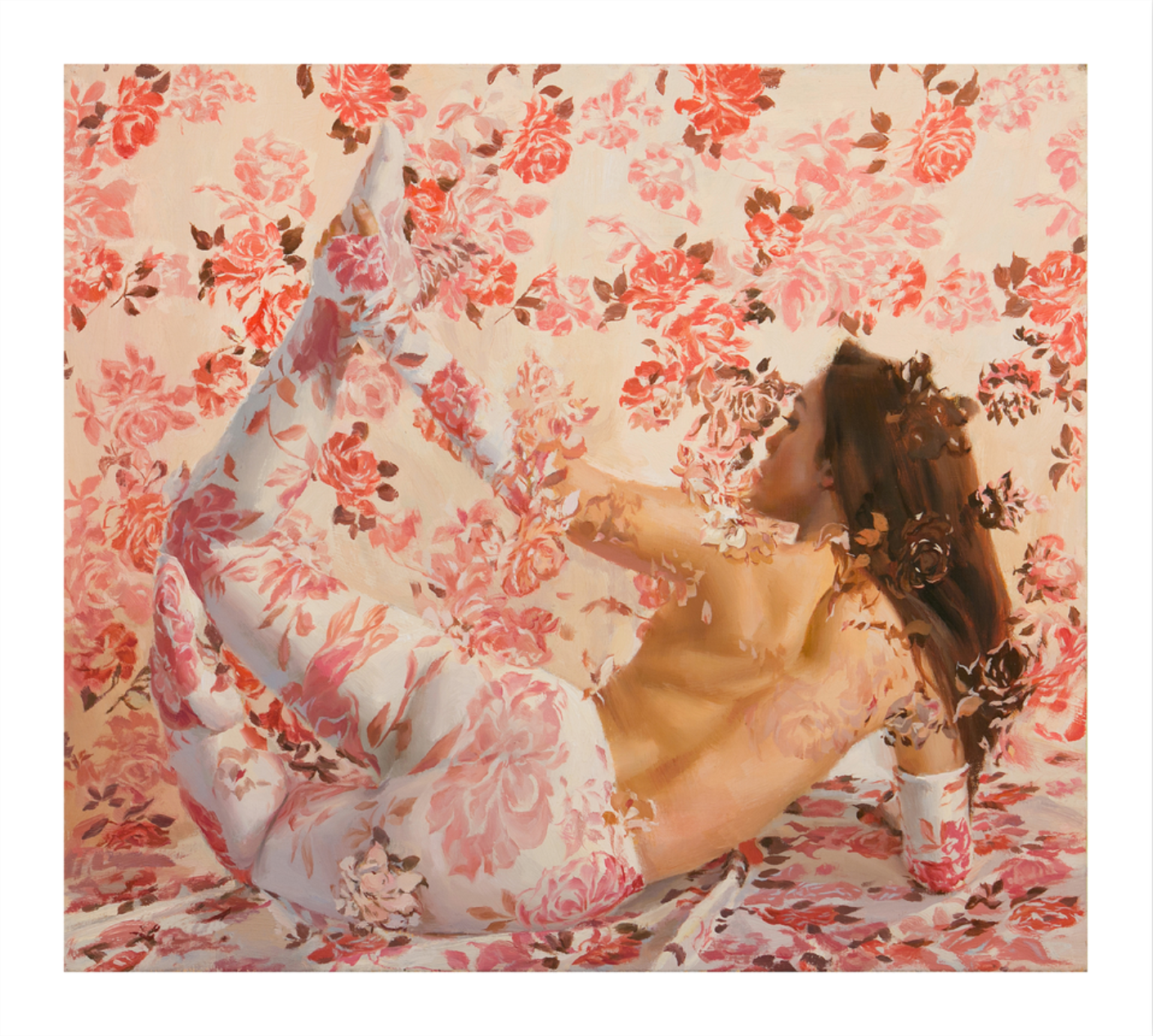 In La Marne by Sergio Lopez, a woman with long brown hair lies on her back on a floral-patterned surface. The archival pigment print creates an illusion where her body merges with the pink and beige design, partially camouflaging her.