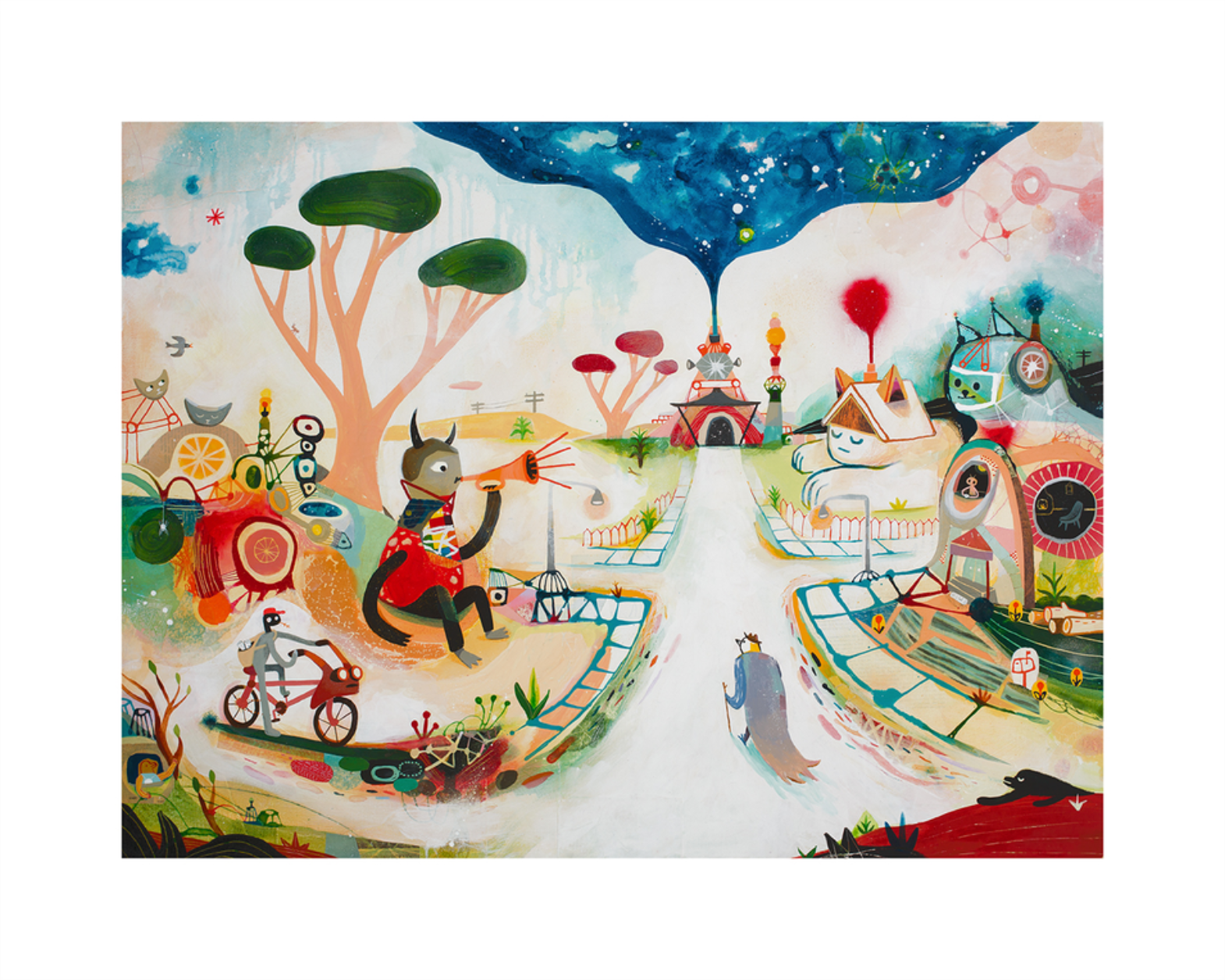 Earlybirds by Souther Salazar is an archival pigment print featuring a colorful village with a red fox-like character, a cyclist, and playful paths under a starry sky. Adorned with fruit slices and abstract designs, it is signed and numbered for collectors.