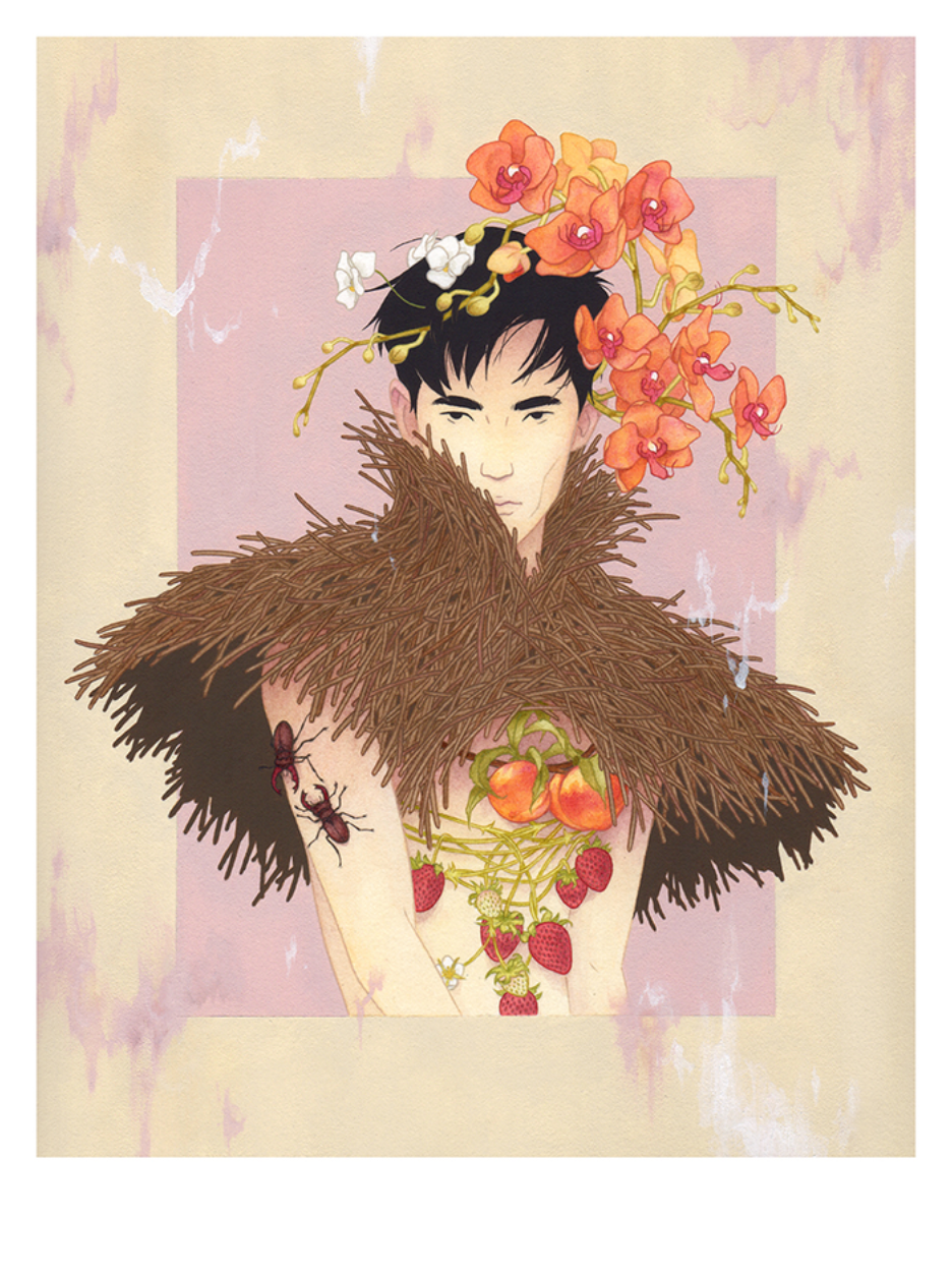 Julian Calloss limited edition illustration Hosting portrays a person with black hair, adorned with orange and white flowers, wearing a brown textured garment decorated with strawberries and other fruits. A large ant appears on their arm against a pastel background. Available as an archival pigment print.