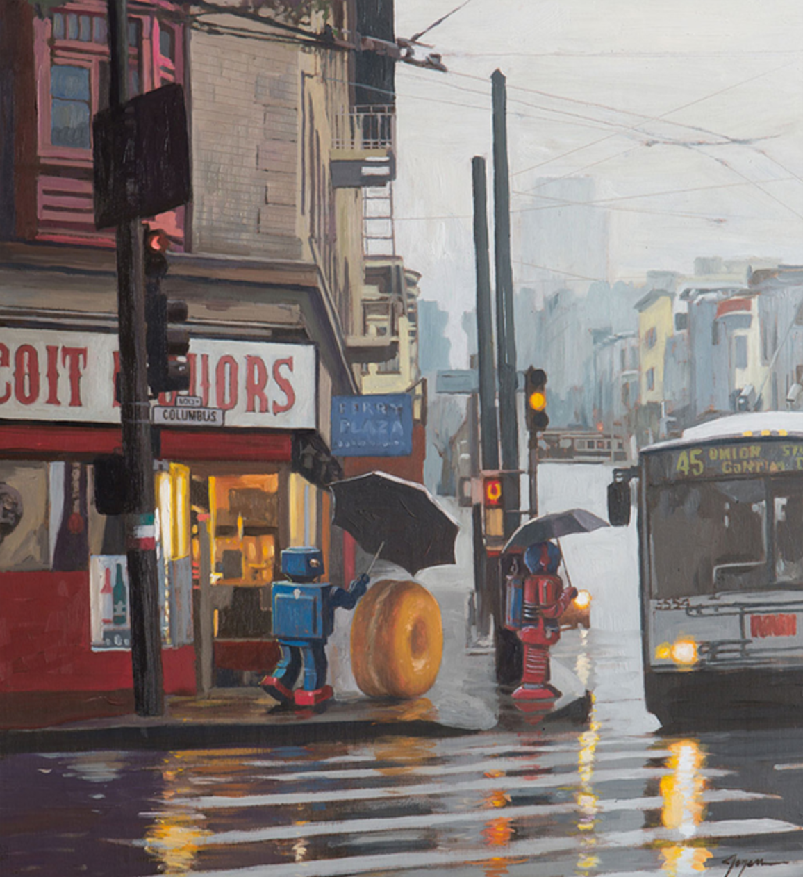 The limited edition artwork North Beach by Eric Joyner depicts a rainy city street with a robot balancing a donut under an umbrella, while another robot takes shelter as city bus 45 passes by. Reflections on the wet pavement enhance the scenes beauty.