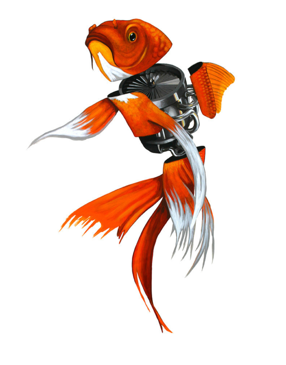 Golden by Robert Bowen showcases a steampunk-style fish with an orange body, fins, scales, and metallic elements featuring gears and a circular component. This fine art giclee is a limited edition signed by the artist.