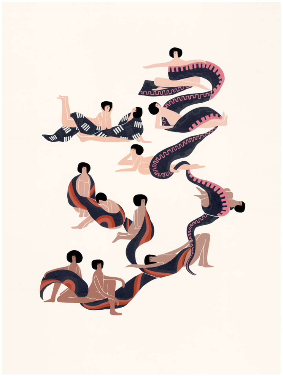 The Weaving by Laura Berger showcases stylized figures intertwined with flowing patterned ribbons in blue, pink, and black on a cream backdrop, capturing the essence of fine art giclee prints.