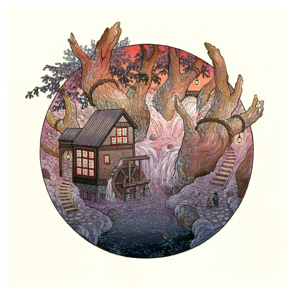 A charming Fine Art Giclee Print from the Nicole Gustafsson Triptych Collection features a quaint wooden watermill by a stream, mystical lantern-adorned trees, and stairs carved into trees against a warm pink-orange sky, reminiscent of Nicole Gustafssons signature style.