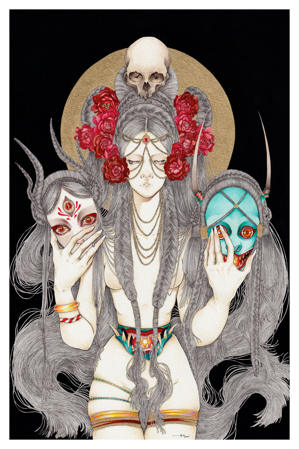 The Removal of Masks by Andi Soto features a mystical figure with long braided hair, red roses, and jewelry. She holds tribal masks and bears a skull above her head against a golden halo on black. This masterpiece comes as an Archival Pigment Print with a Certificate of Authenticity.