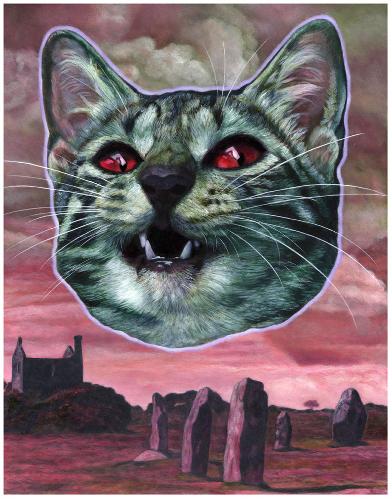 The Kittening, an archival pigment print by Johannah ODonnell, depicts a surreal scene with a giant floating cat head featuring red eyes and sharp teeth above standing stones and a silhouetted building under moody clouds.
