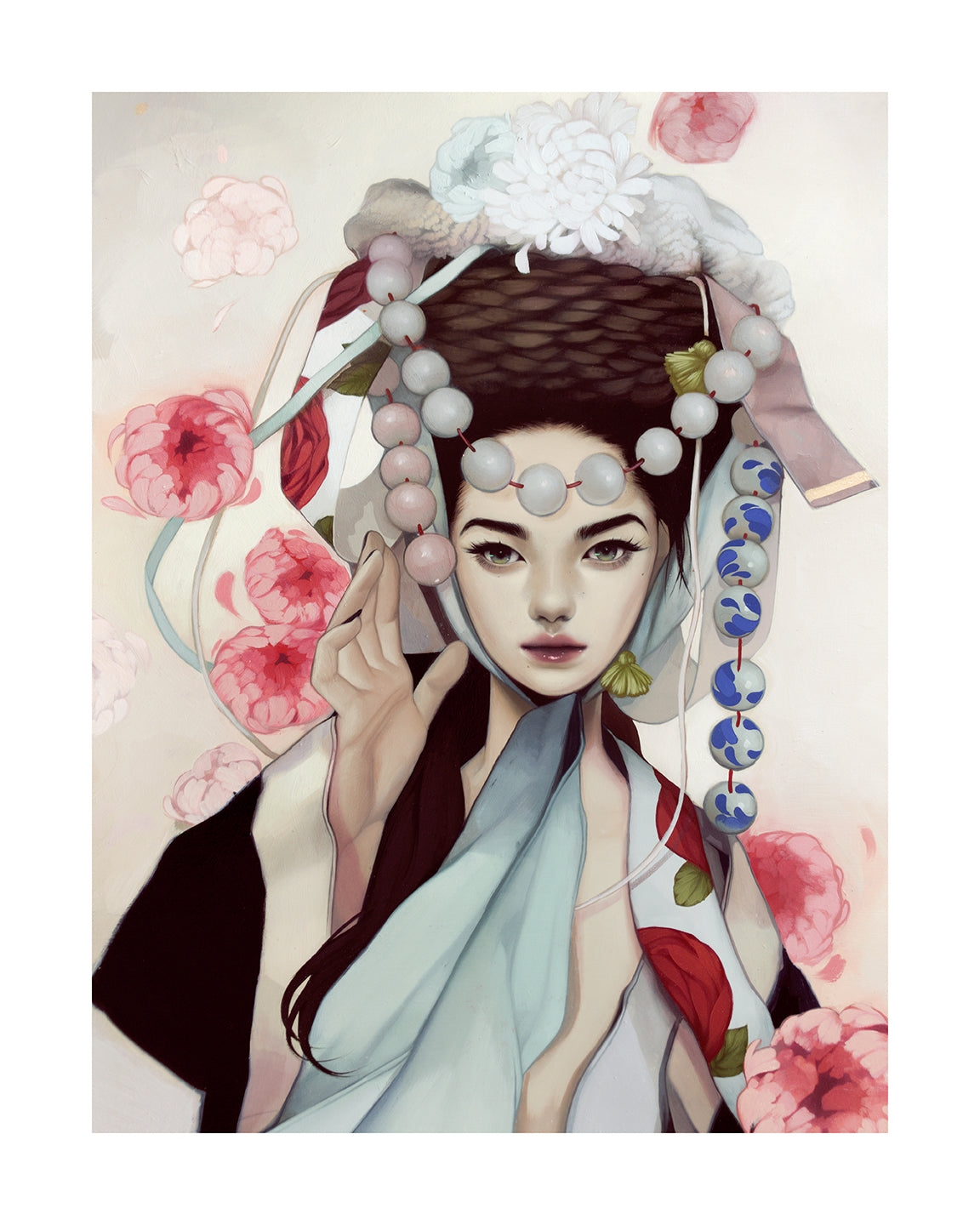 The Seamstress by Kelsey Beckett portrays a woman in an ornate headdress with beads and ribbons, surrounded by pink flowers. This artwork blends realism and fantasy with soft hues and is available as a hand-deckled archival pigment print.