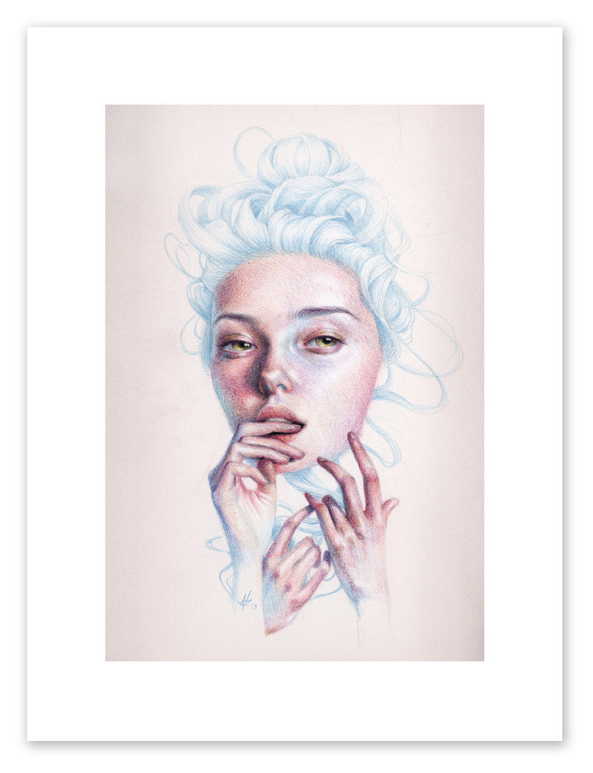 Tactile Feast by Mandy Tsung features a pastel drawing of a woman with pale blue hair in a loose bun, her face soft pink in contemplation, one hand at her lips and the other at her chin. Available as a limited edition fine art giclee print on an off-white background.
