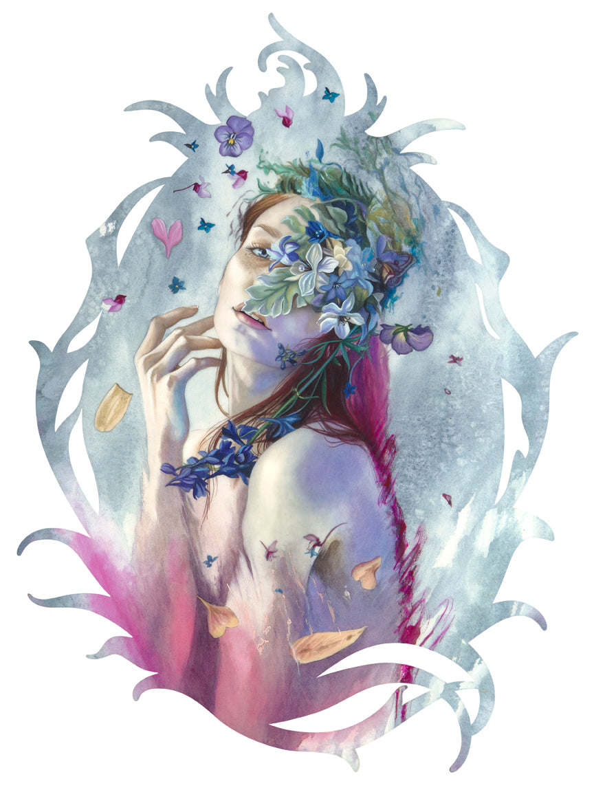Discover the enchanting allure of Redd Walitzkis Veiled in Springtime. This limited edition illustration features a woman with flowers entwined in her hair and around her neck, set against a swirling blue, purple, and white backdrop with petals and butterflies enhancing its mystical beauty.