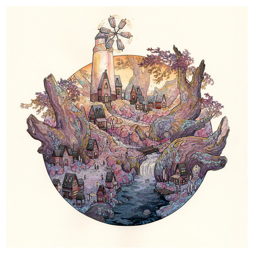 Part of the Nicole Gustafsson Triptych Collection, this limited edition giclee print features a whimsical fantasy village with treehouse-like buildings, a winding river, waterfall, windmill, ancient trees, and bathed in warm pastels.