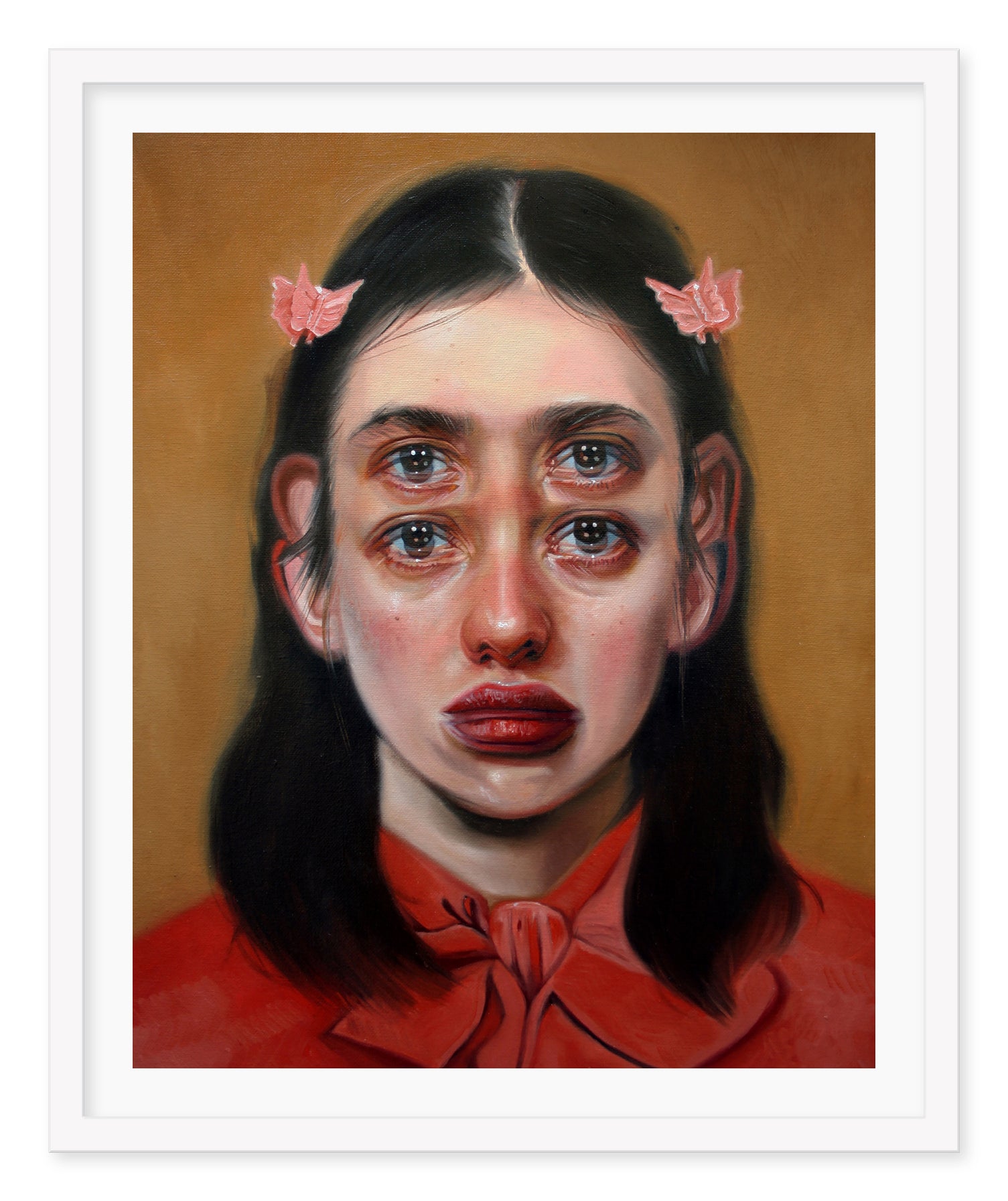 Passage by Alex Garant is a surreal archival pigment print showing a woman with double eyes and lips. She wears a red top, black hair with pink butterfly clips, set against a brown background. Each print is signed and numbered for authenticity.