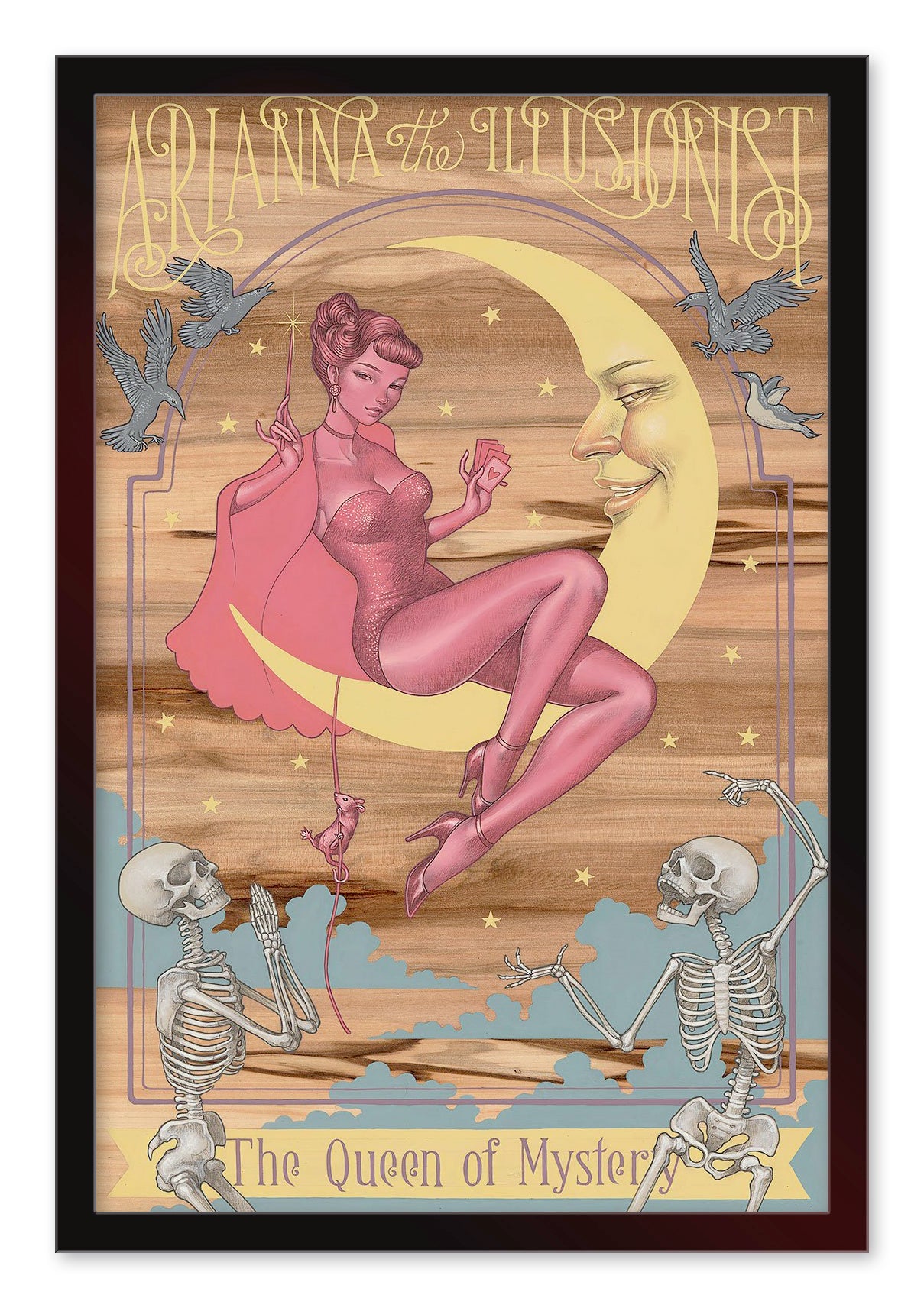The artistic Arianna poster by Audrey Kawasaki features Arianna the Illusionist in a sparkling dress on a crescent moon, with skeletons on clouds controlling her marionette strings. The text proclaims her as The Queen of Mystery. Available as an archival pigment print.