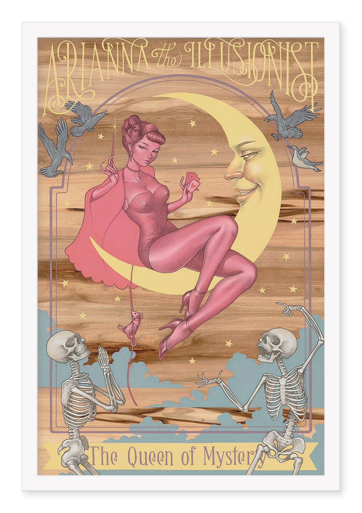 Arianna in a glittery outfit sits on a crescent moon, puppeteering skeletons. The smiling moon among clouds and stars evokes Audrey Kawasakis mystique. Arianna the Illusionist text is included. Available as an Archival Pigment Print by Audrey Kawasaki.