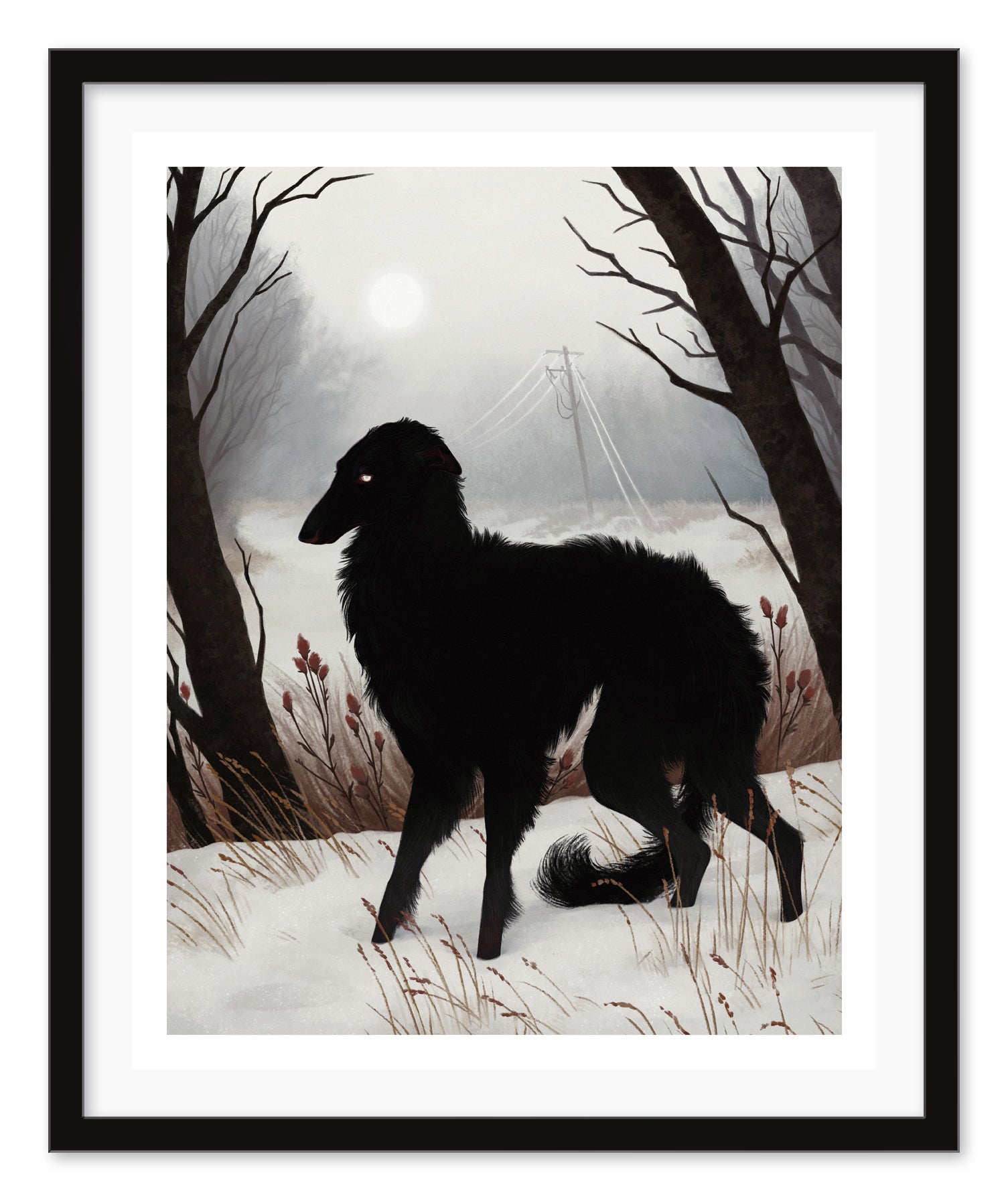A black dog stands in a snowy landscape surrounded by bare trees, under a foggy sky with a faint sun, echoing the mystery and serenity of Jenna Bartons Shiver. The scene is captured as an archival pigment print, complete with muted colors and distant power lines.