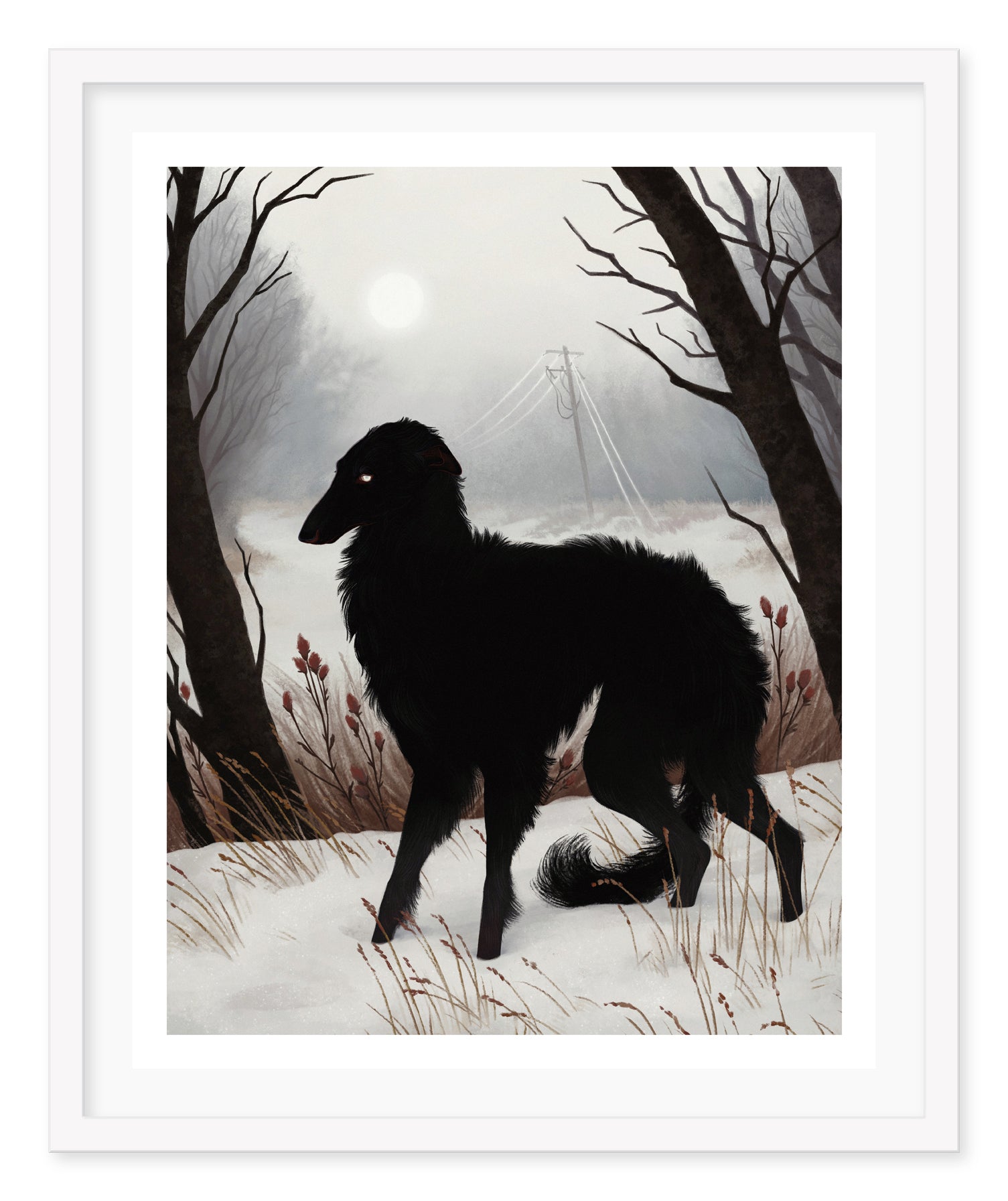 In a snowy landscape surrounded by bare trees, a black dog shivers under an overcast sky with a full moon casting an ethereal glow, reminiscent of Jenna Bartons Shiver archival pigment print. Dry grass and shrubs scatter across the snow-covered ground.