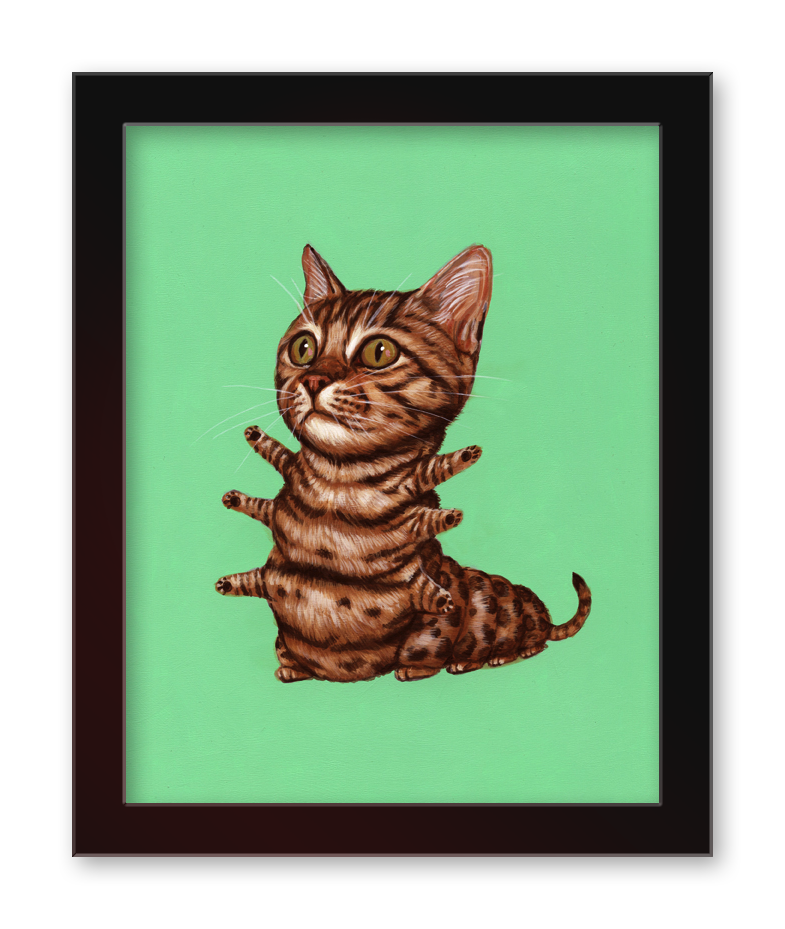 The limited edition Bengal by Casey Weldon depicts a whimsical cat with extra legs sitting against a light green background. Its brown and black striped fur and wide eyes are beautifully framed in black, creating a unique art piece.