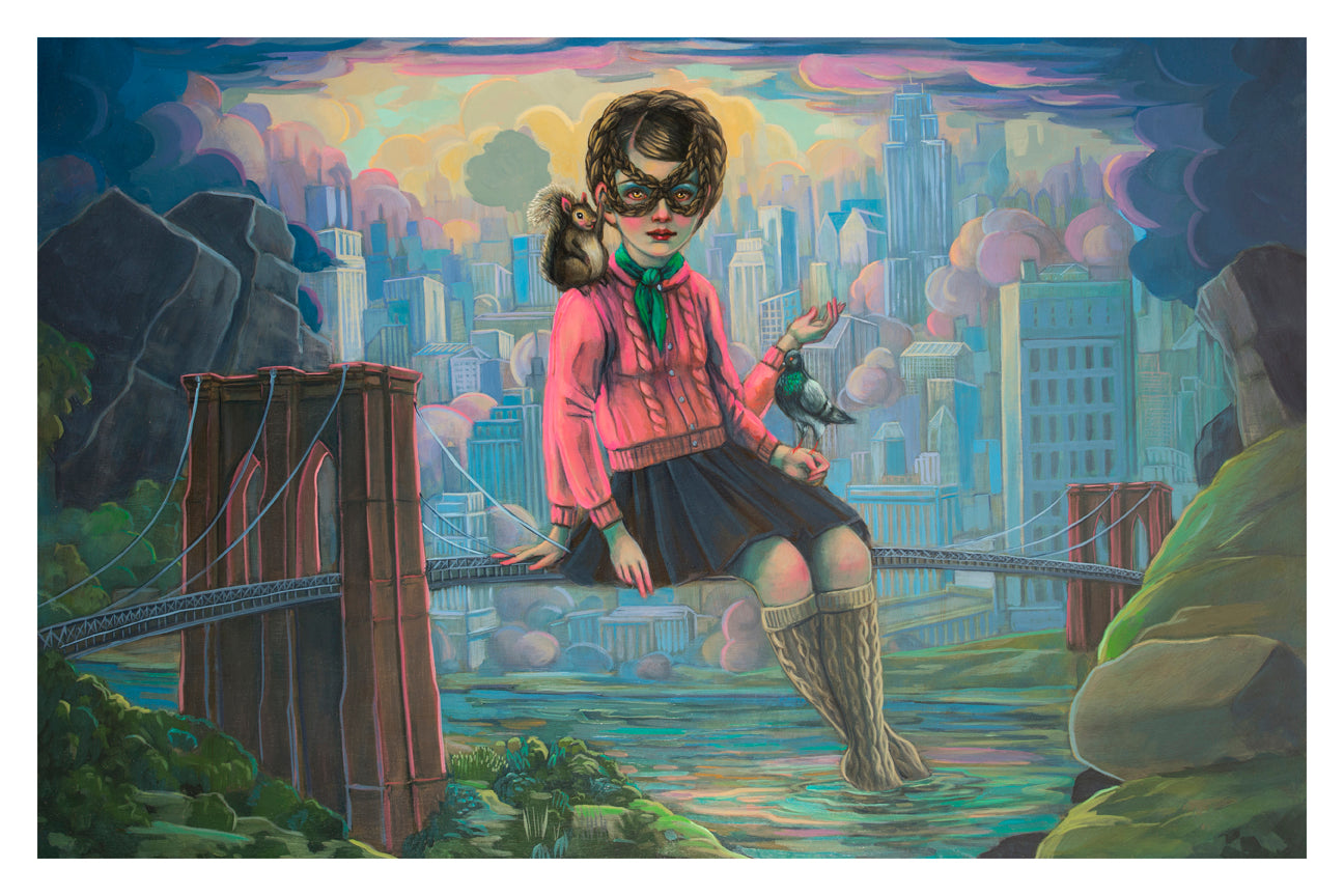 Lori Nelsons Bigger Than This Town is a surreal archival pigment print featuring a large girl in pink attire on a bridge, adorned with perched animals. The backdrop showcases a cityscape beneath colorful clouds.