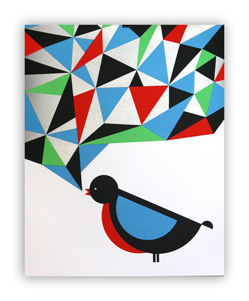 Nate Duvals Bird 1 is a screenprint illustration of a bird with a black head, blue body with red accents, looking at a vivid geometric speech bubble made of red, green, blue, black, and white triangles on white background. Metallic silver details add depth to this vibrant scene.