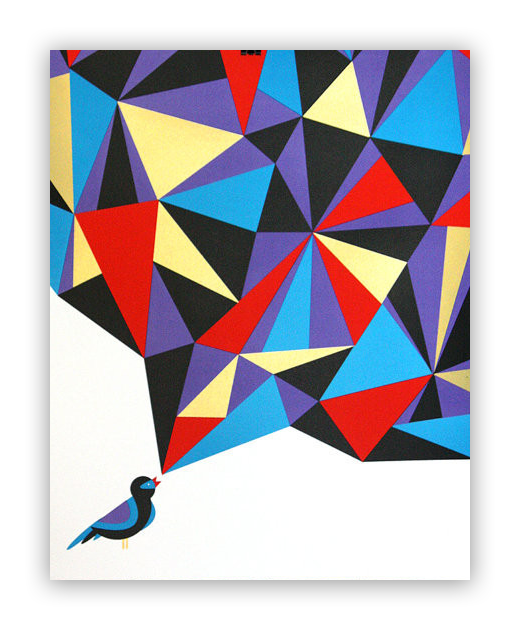 Bird 2 by Nate Duval features a bird at the bottom left, with a colorful geometric speech bubble forming a vibrant mosaic in red, blue, purple, black, and metallic gold—resembling a screen print masterpiece.