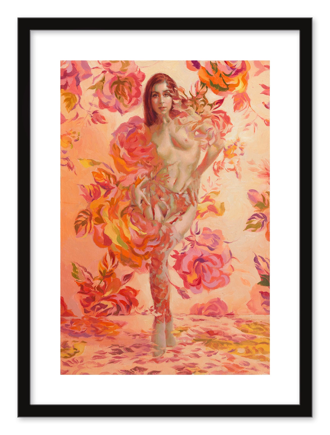 Living Coral, a framed painting by Sergio Lopez, showcases a woman merging with vivid pink, orange, and yellow flowers. Her silhouette entwines with floral patterns in coral tones, seamlessly blending human elements with nature against a lush floral backdrop.