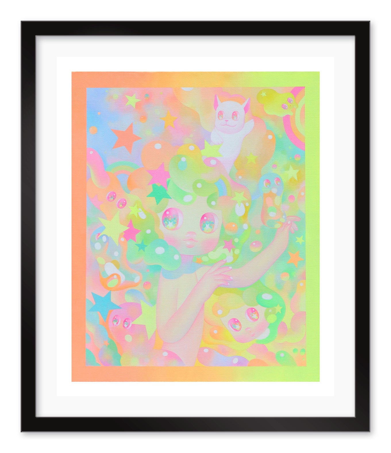 The Dancing Stars archival pigment print by So Youn Lee showcases a child-like figure with multicolored hair amidst dancing stars, eyes, and a small white creature. A pastel rainbow background adds to the surreal feel, elegantly framed in black.