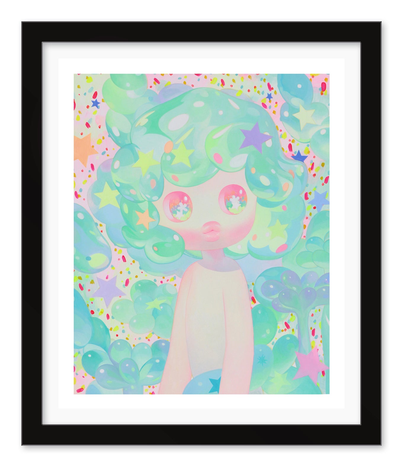 First Droplet by So Youn Lee is a limited edition archival pigment print featuring a whimsical figure with green, multicolored star-filled hair, pastel cloud and confetti background, large reflective eyes, and an expressionless face.