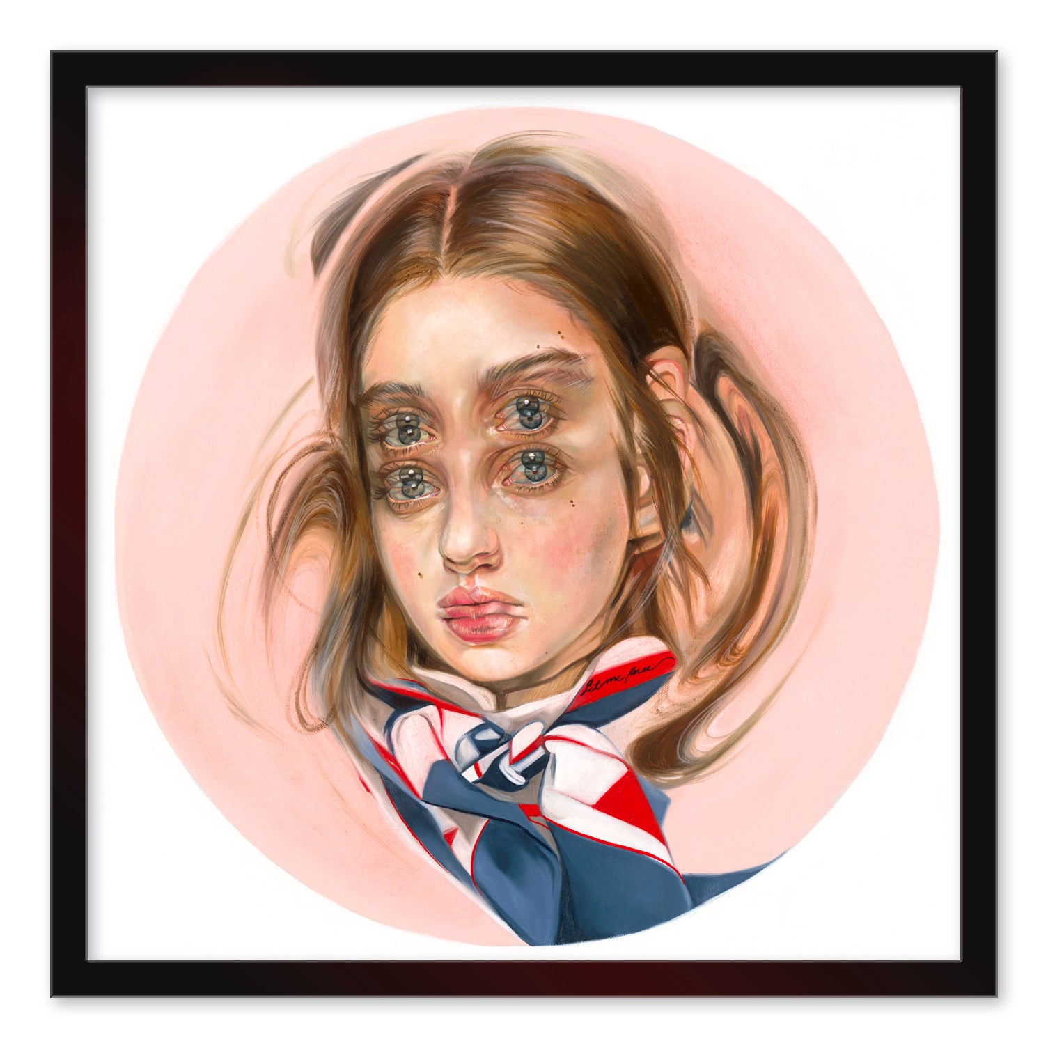 The limited edition Powderpuff print by Alex Garant features a surreal, stylized portrait with layered eyes and lips. The subject has long hair adorned with a red, white, and blue scarf against a soft pink circle framed in black. Each print is signed, numbered, and printed with archival pigment.