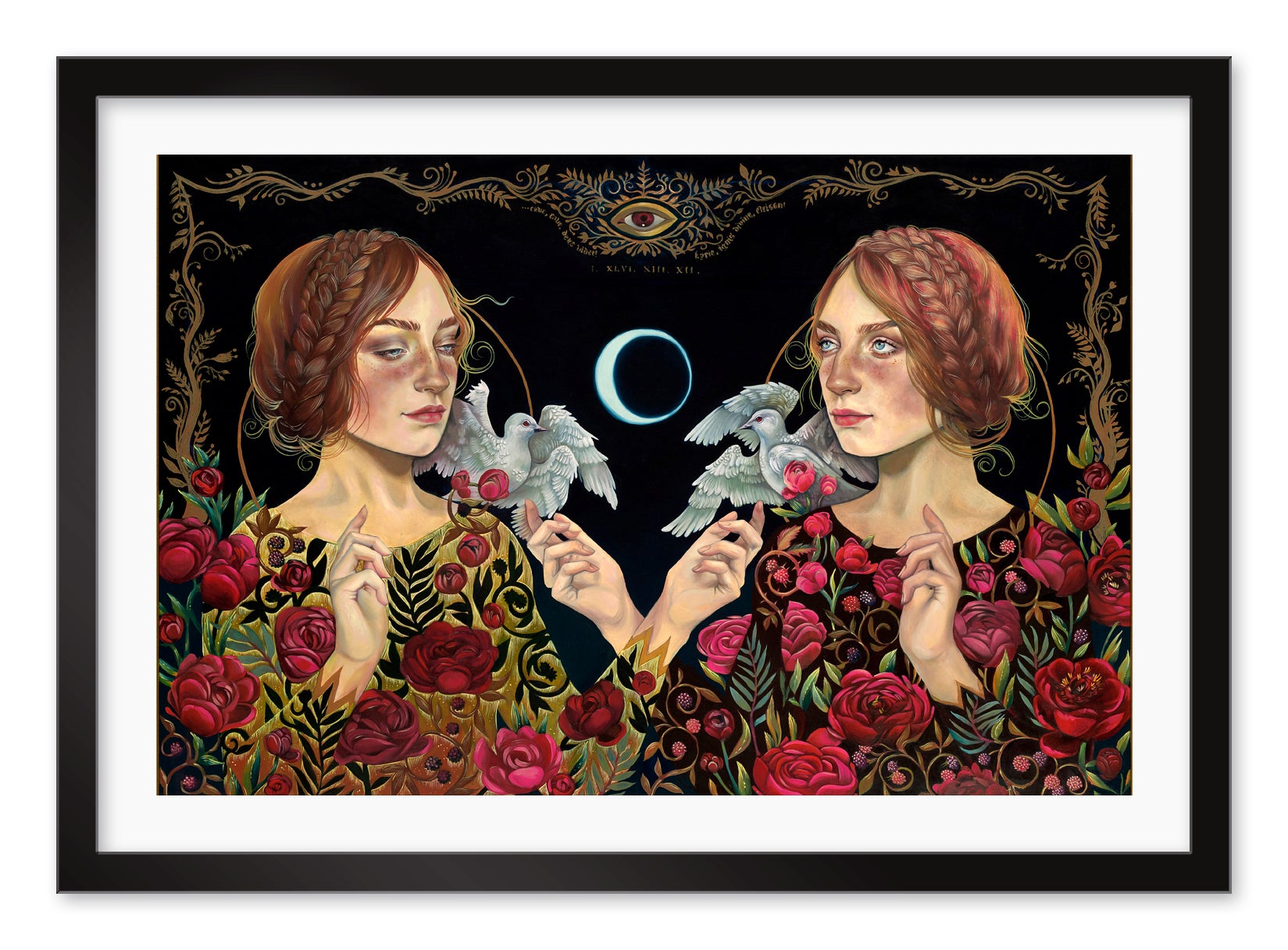 Dark Mirror by Ruth Speer features two women with braided hair each holding a dove, surrounded by red roses, a crescent moon, and ornamental designs. This elegant archival pigment print is enclosed in a black frame.
