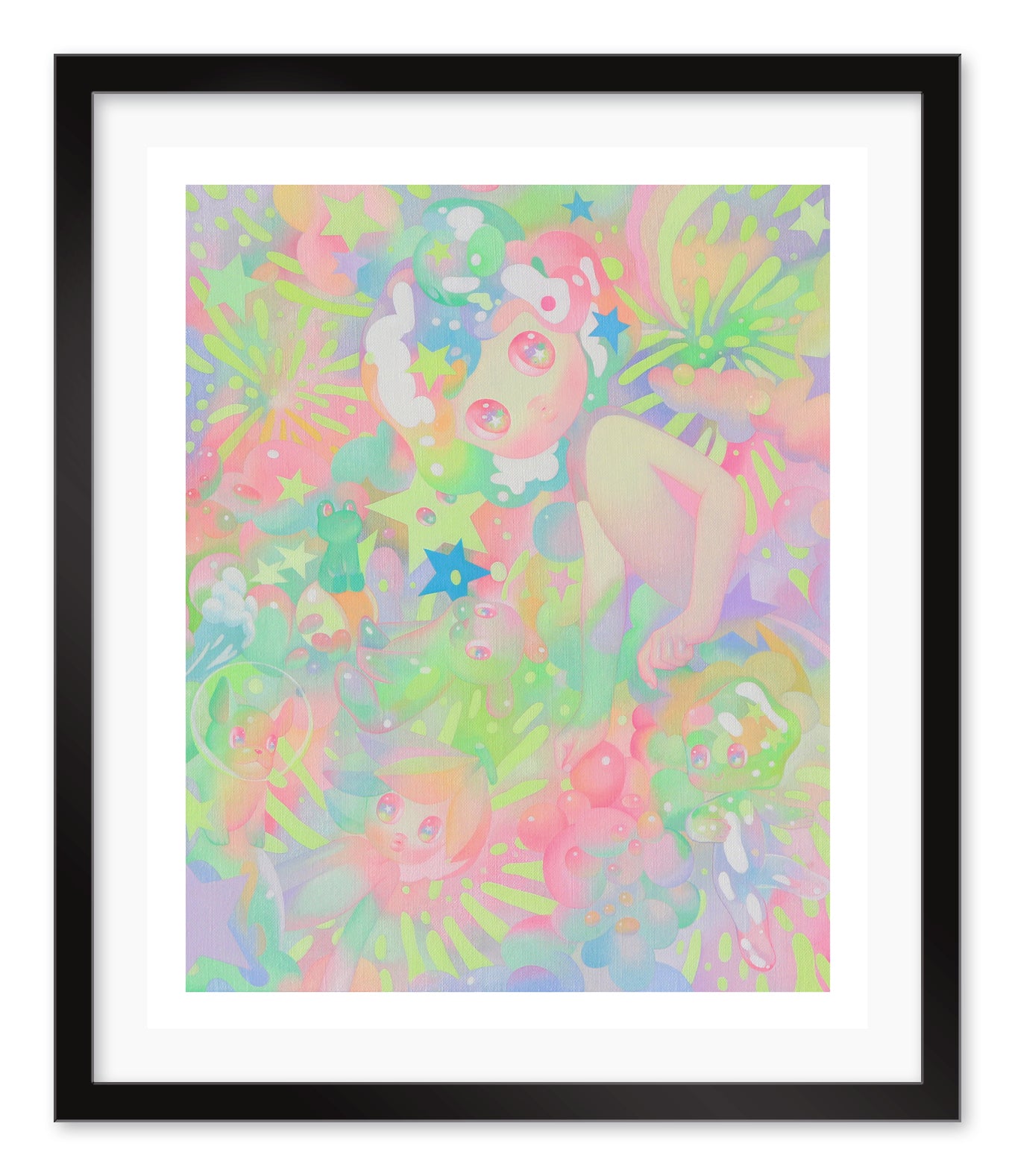 The abstract artwork Discovery by So Youn Lee is an archival pigment print featuring colorful, dreamy characters surrounded by stars and bubbles in pastel pink, green, and blue. Framed in black, its a whimsical scene thats both signed and numbered for authenticity.
