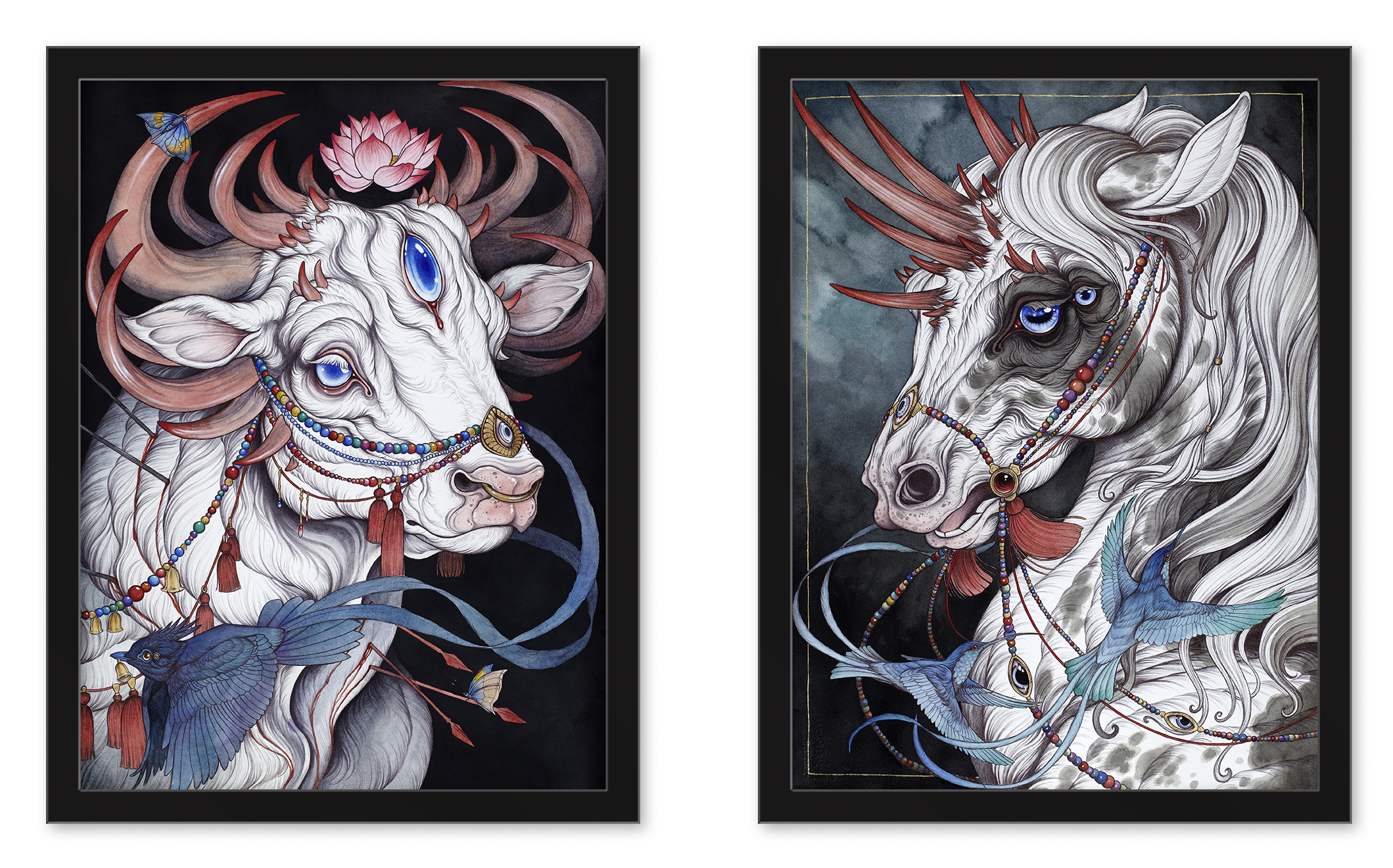 This set includes two exquisite archival pigment prints by Caitlin Hackett: The Sacred Bull, featuring a multi-eyed white cow with accessories and a bird on its nose, and The Gift Horse, depicting an ornately horned unicorn among vibrant birds.