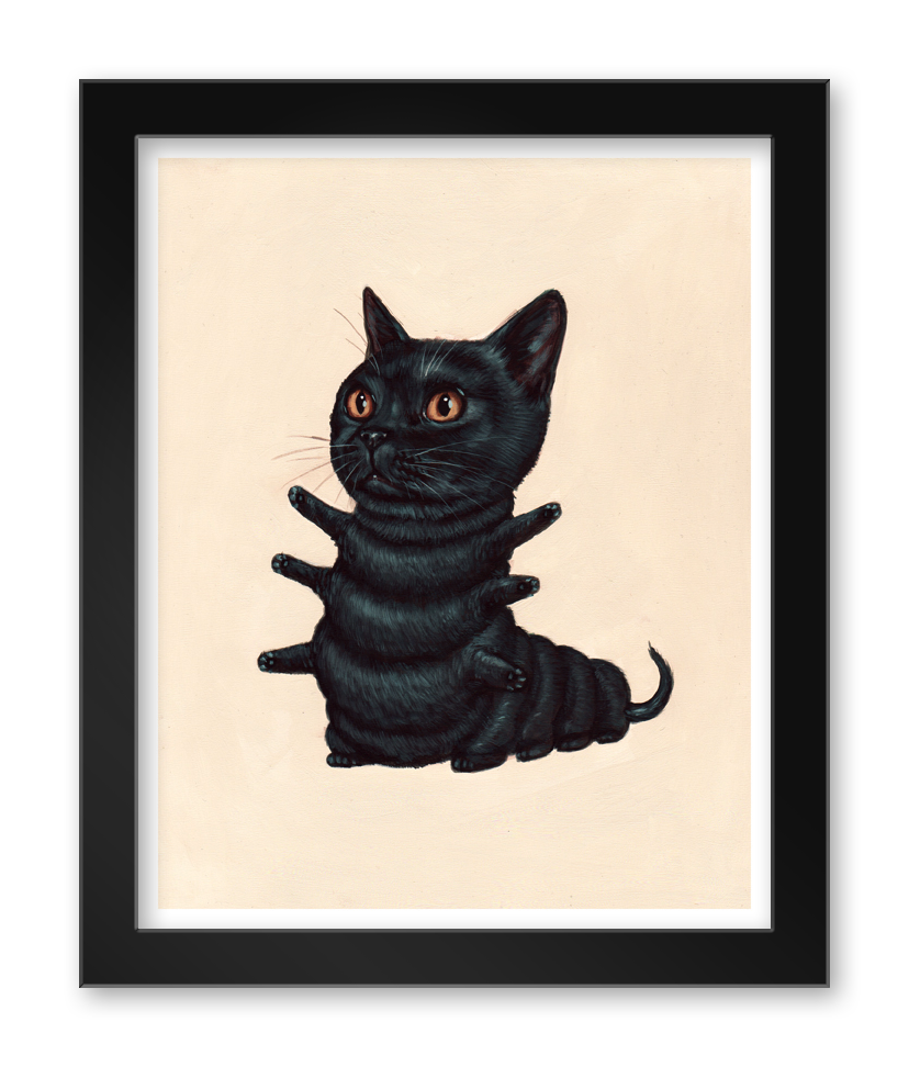 The Bombay by Casey Weldon is a limited edition artwork featuring a signed, numbered illustration of the Kittypillar—a fantastical creature with the head of a black cat and centipede body, set against a cream background. This enchanting piece is ideal for any collection.