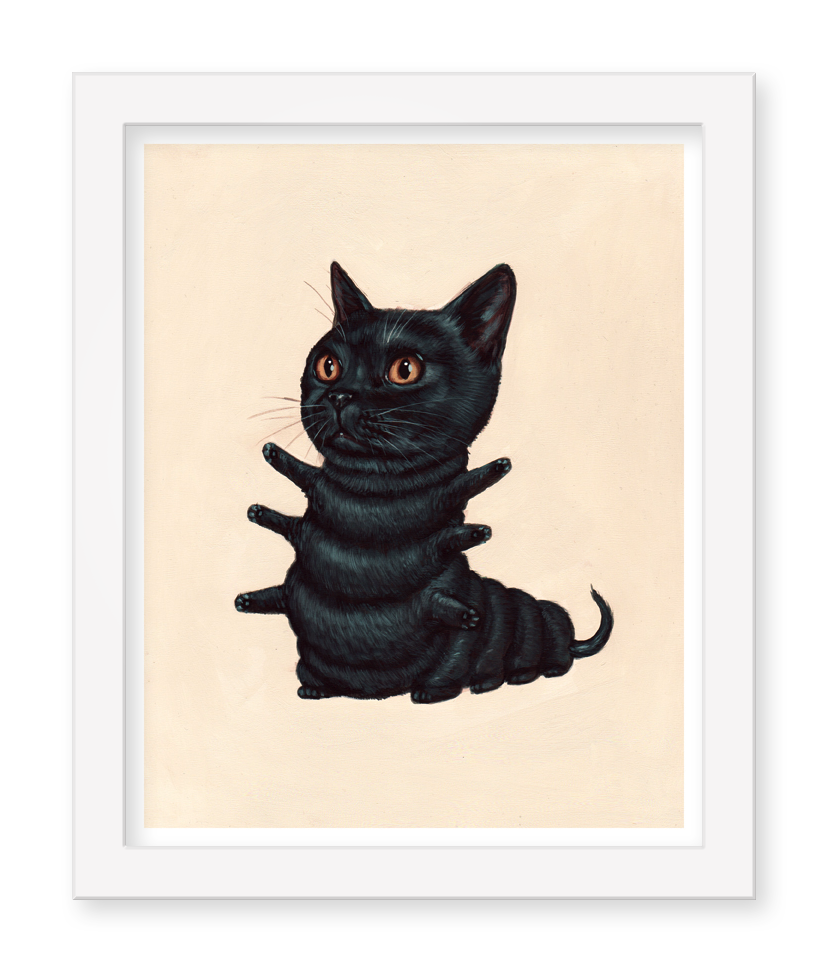 A Bombay by Casey Weldon illustrates a Kittypillar, blending a black cats head and body with caterpillar-like legs. Its vivid orange eyes pop against a plain backdrop, framed in white. It belongs to a signed and numbered limited edition collection.