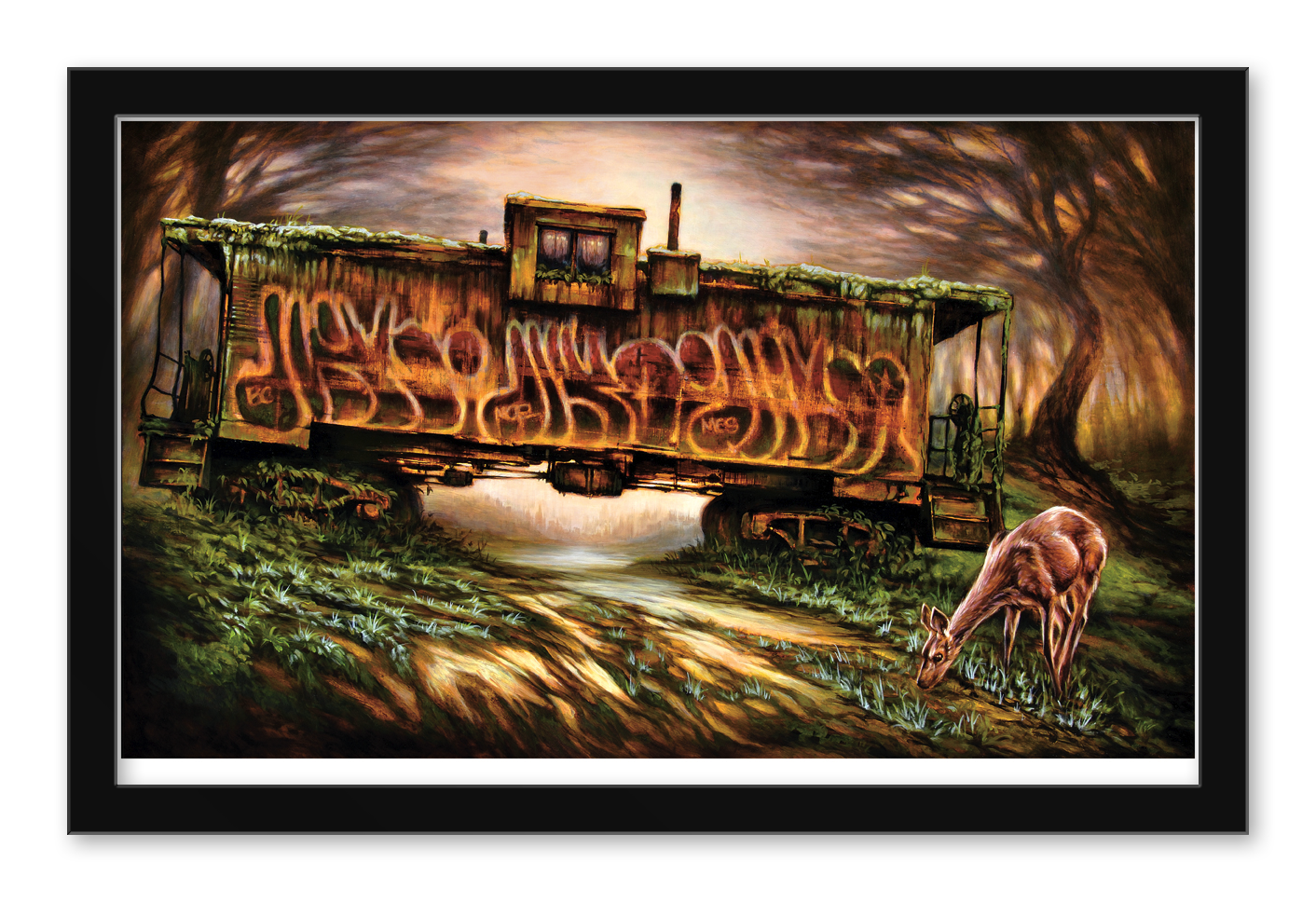 A rusty, graffiti-covered train car sits in a grassy forest clearing with a deer grazing nearby, creating a serene and mystical scene akin to The Cabin by Brin Levinson—ideal for a fine art giclee print.