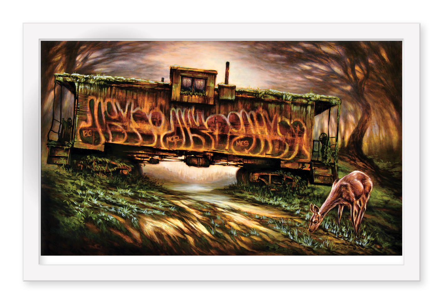 Brin Levinsons limited edition fine art giclee print, The Cabin, depicts a rusted, graffiti-covered train car in a forest clearing with tall trees arching overhead and a deer grazing in the foreground, blending nature with urban decay.