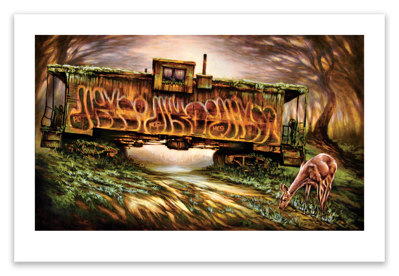 In The Cabin, a Fine Art Giclee Print by Brin Levinson, a rusted train car with colorful graffiti rests in an overgrown forest, softly lit and accompanied by a deer grazing nearby, showcasing the contrast between nature and urban decay.