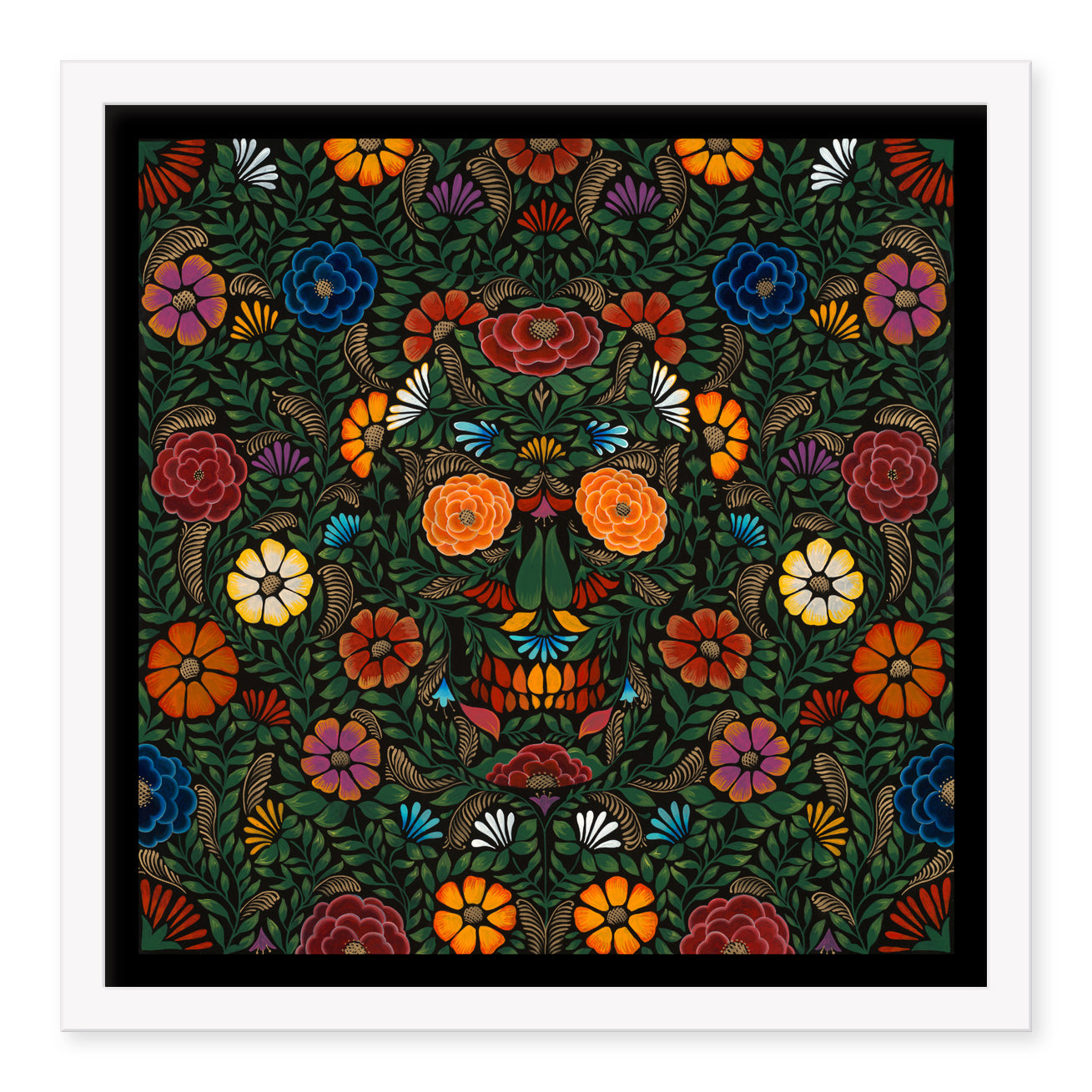 The Calavera Batea by Sylvia Ji showcases a vibrant floral and leaf skull design against a dark backdrop, with symmetrical patterns of orange, red, purple, and yellow flowers entwined with green leaves to form an intricate, vivid image reminiscent of fine art.