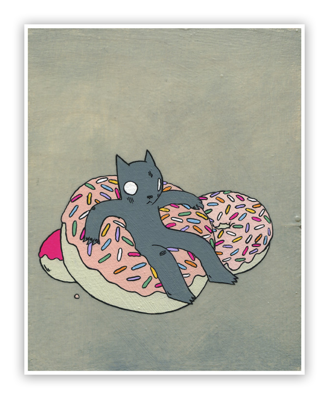 The limited edition Donut Cat by Deth P Sun depicts a cartoon feline with big white eyes lounging on two giant donuts with pink icing and colorful sprinkles, set against a plain background.