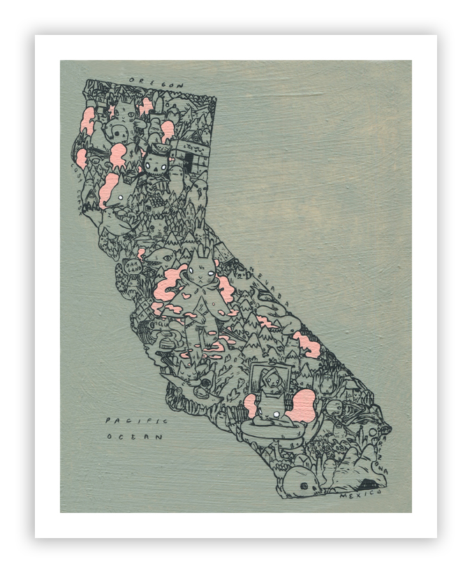 A whimsical California map by Deth P Sun, featuring cartoonish creatures, landmarks like Oregon and Mexico borders, and the Pacific Ocean. Drawn in a detailed style on a teal background, this signed and numbered artwork highlights Californias charm.