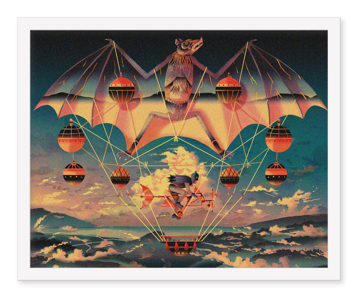 A surreal scene unfolds with a Dexter Maurer Batcopter holding strings attached to floating baskets and a person, set against a dramatic sky and ocean waves painted in vibrant pinks, blues, and oranges in an archival pigment print.
