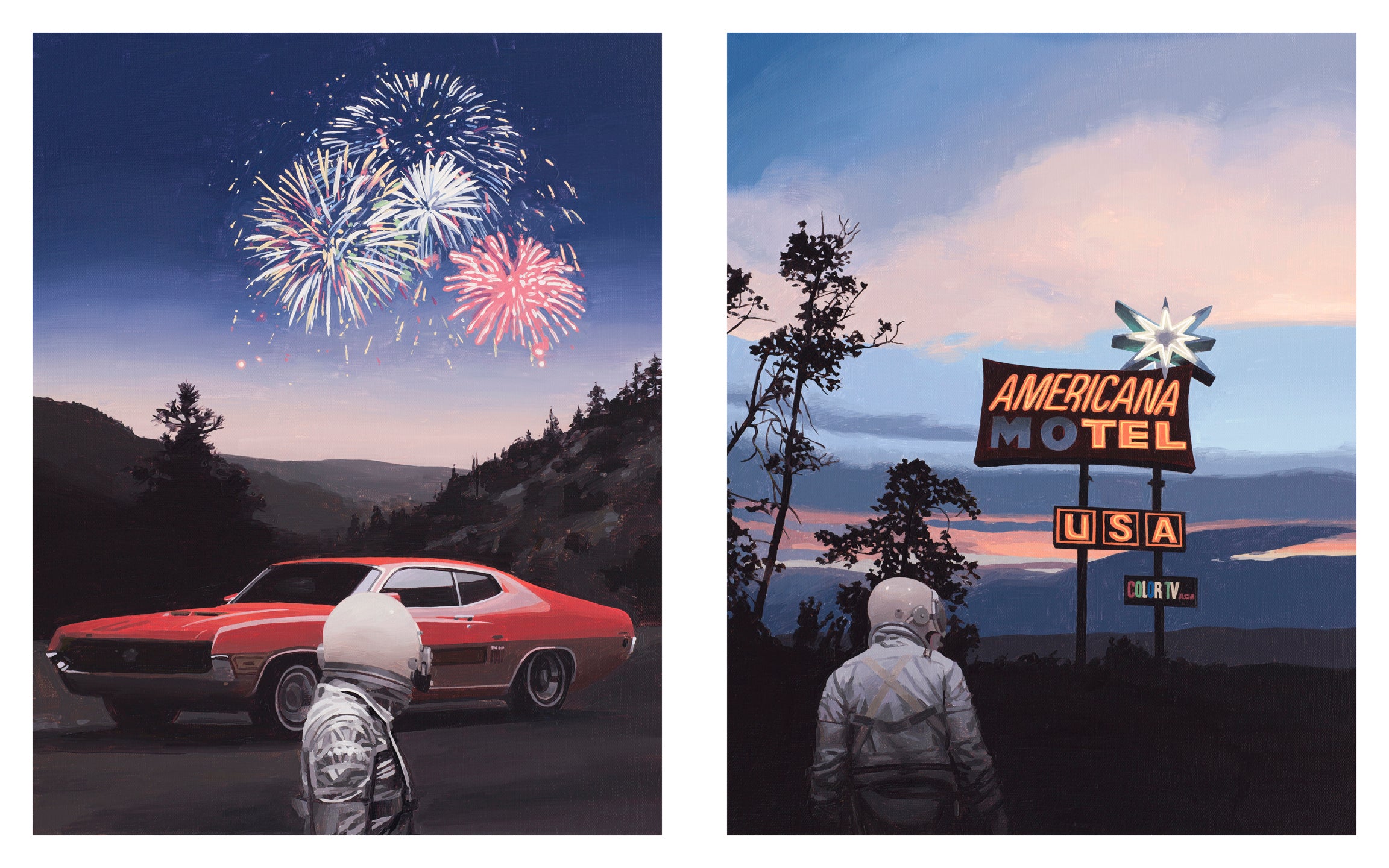 Left: The Torino print by Scott Listfield features an astronaut by a vintage red Torino, watching fireworks above silhouetted hills. Right: In the Americana Motel print, the astronaut gazes at a motel sign against a twilight sky with trees, both evocatively captured in archival pigment prints.