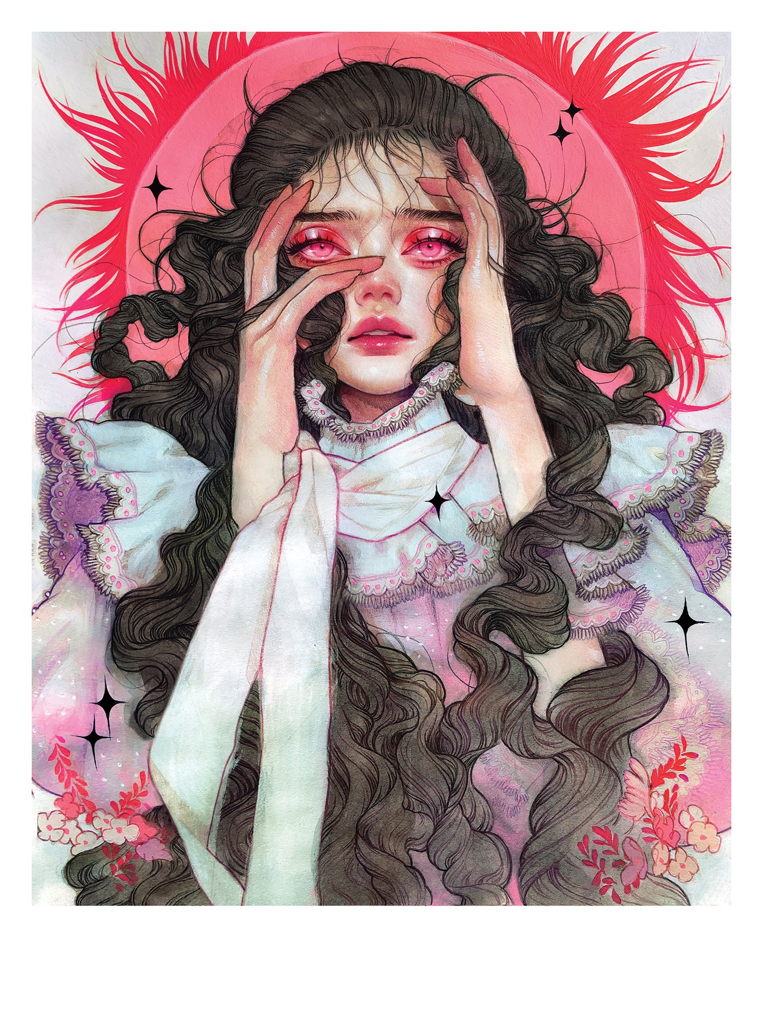 The limited edition archival pigment print Dread by Kelsey Beckett features a woman with long curly hair, bright red eyes, and a vivid red halo. She wears an intricate white lace dress, her hands near her face, set against sparkling stars and floral patterns.