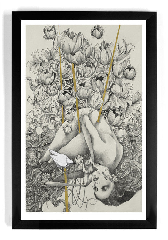 Crawws Embrace is a fine art giclee print featuring a surreal nude figure interwoven in swirling hair, surrounded by intricate black and white flowers. The piece is hand embellished with gold leaf highlights, enhancing contrast and depth in this mesmerizing composition.
