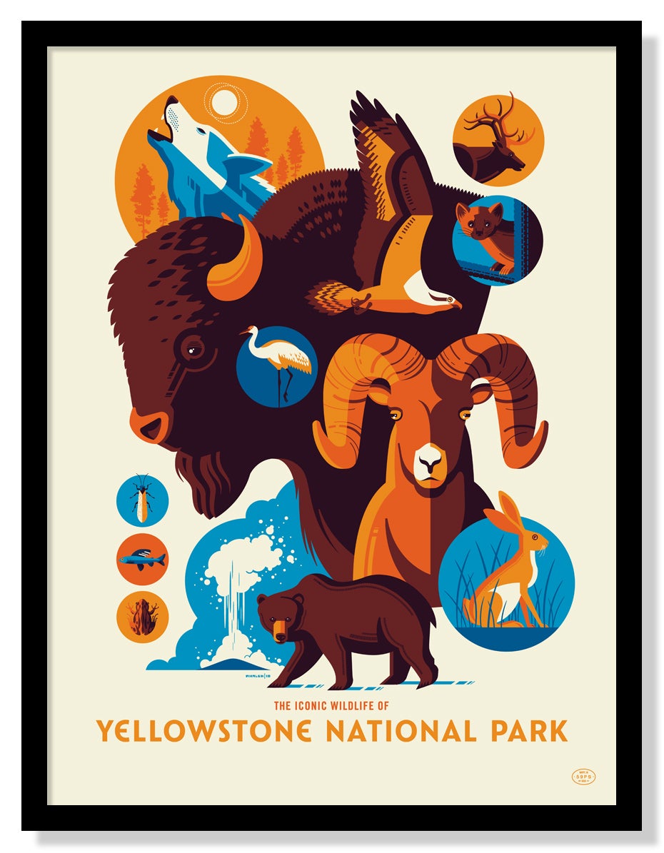 Iconic Wildlife of Yellowstone National Park, part of the Fifty-Nine Parks Prints Series, features Tom Whalens bold colors and shapes depicting bison, bears, wolves, and more in dynamic circular insets. Text reads Yellowstone National Park.