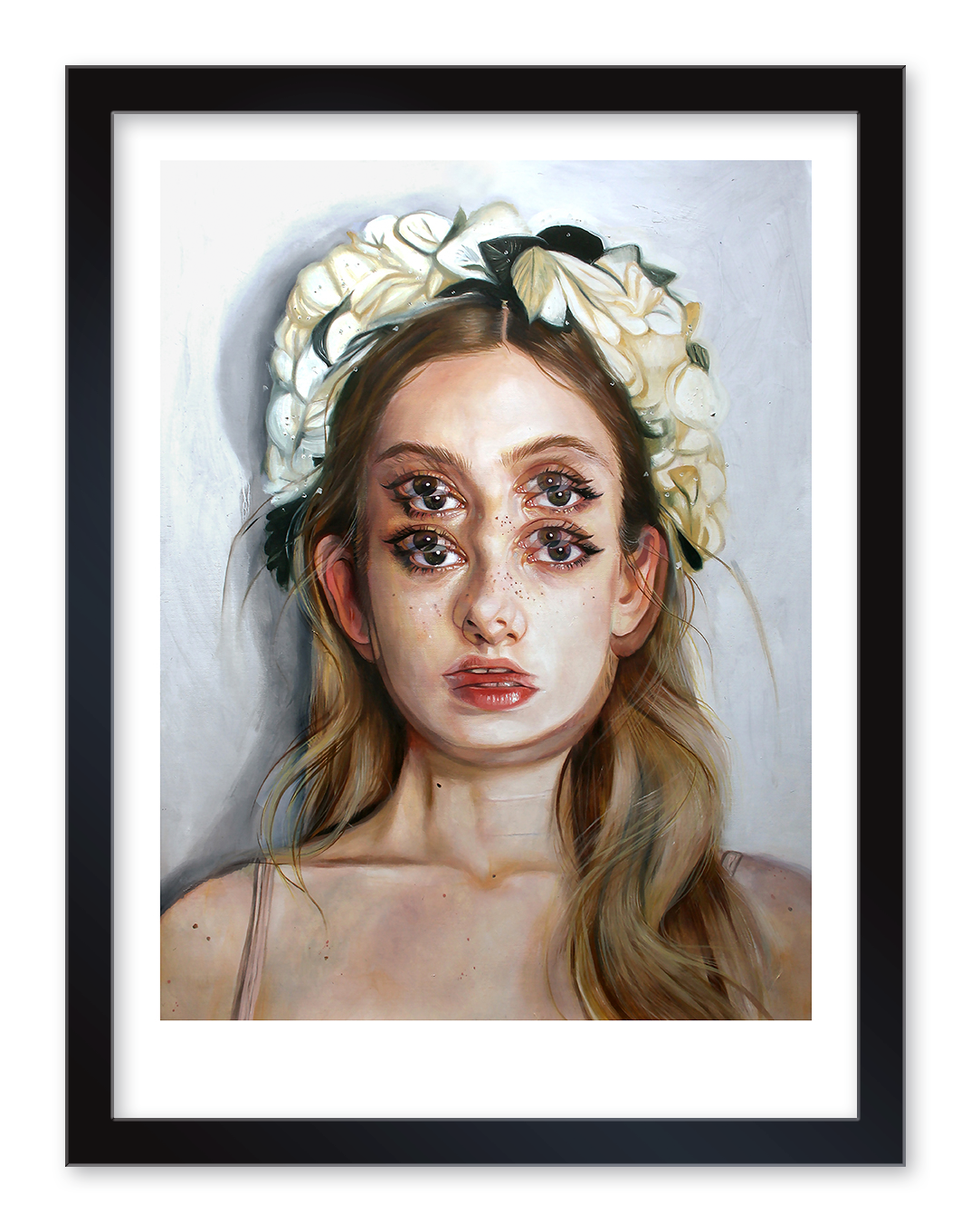 The My Big Life by Alex Garant is a surreal archival pigment print of a blonde woman with a white floral headdress, showcasing double eyes and lips for a dreamlike effect. Her neutral expression contrasts with intricate details. The artwork is signed and numbered for authenticity.
