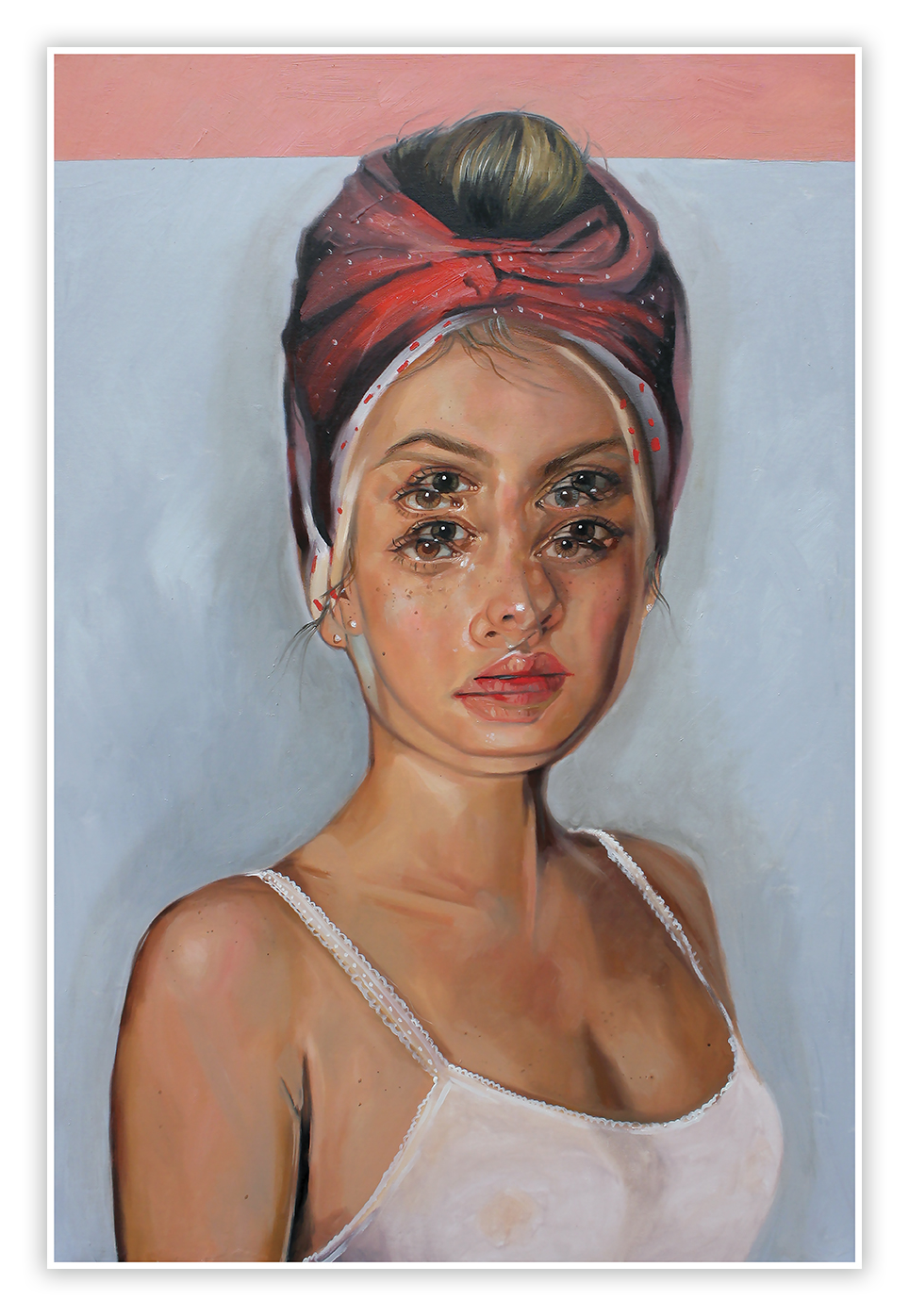 The limited edition archival pigment print, Wearing Your Dreams by Alex Garant, portrays a woman with layered facial features in a red and white headscarf and white tank top against a light blue and pink background, her expression calm yet ambiguous.