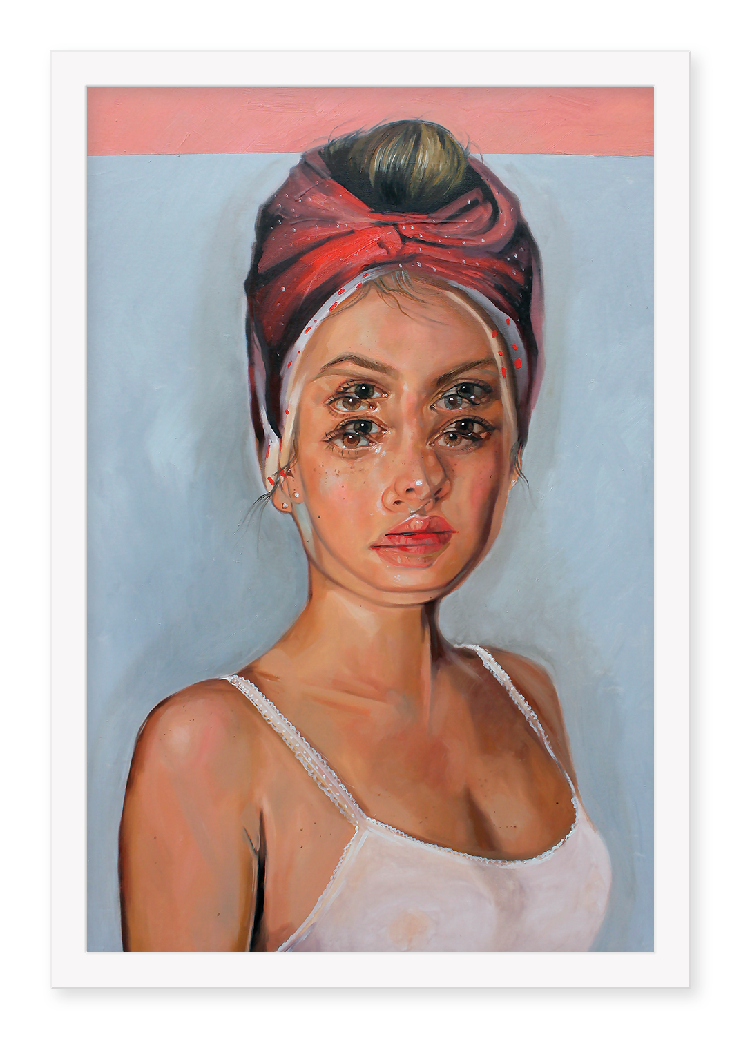 The Wearing Your Dreams print by Alex Garant features a woman in a red headscarf and white tank top against a light blue and pink backdrop. Her multiple eyes add a dreamlike effect to this limited edition, signed, and numbered archival pigment art piece.