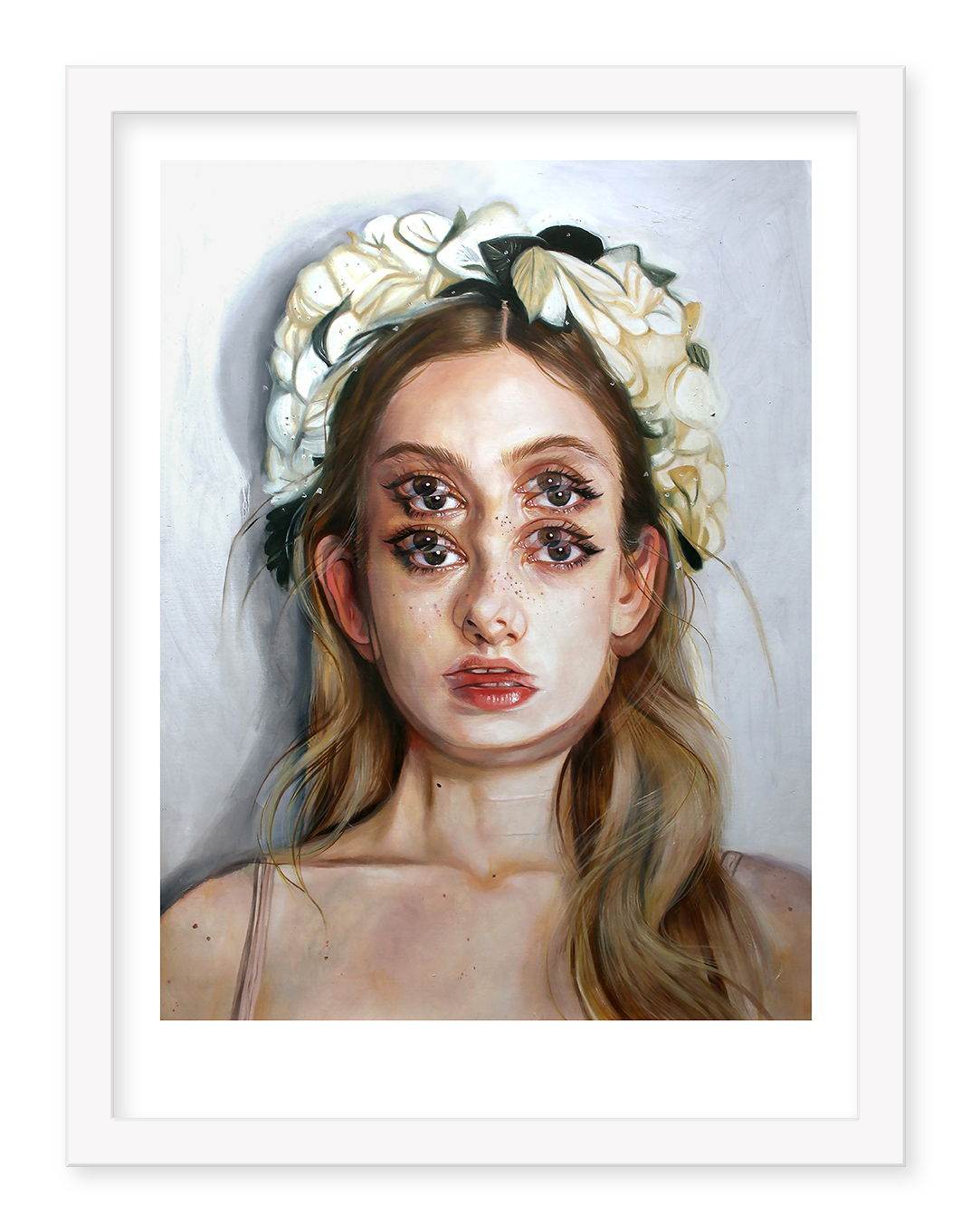 Alex Garants surreal painting My Big Life is an archival pigment print showcasing a woman with two pairs of eyes, long blonde hair, and a floral headpiece. Each signed and numbered piece blends realistic and surreal elements, highlighting the womans gaze and intricate facial details.
