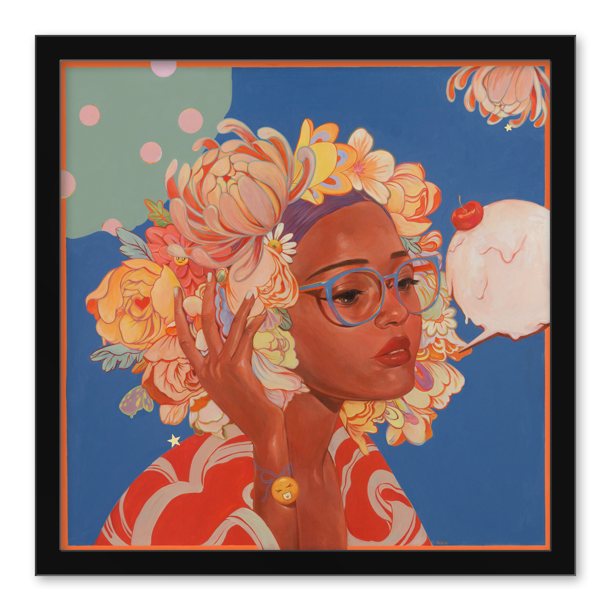 In Sweetness #2 by Helice Wen, a person with flowers and glasses holds a hand-embellished, fluffy pink object topped with a cherry, set against a vibrant backdrop of abstract shapes, polka dots, and stars. This piece is available as a signed and numbered edition.